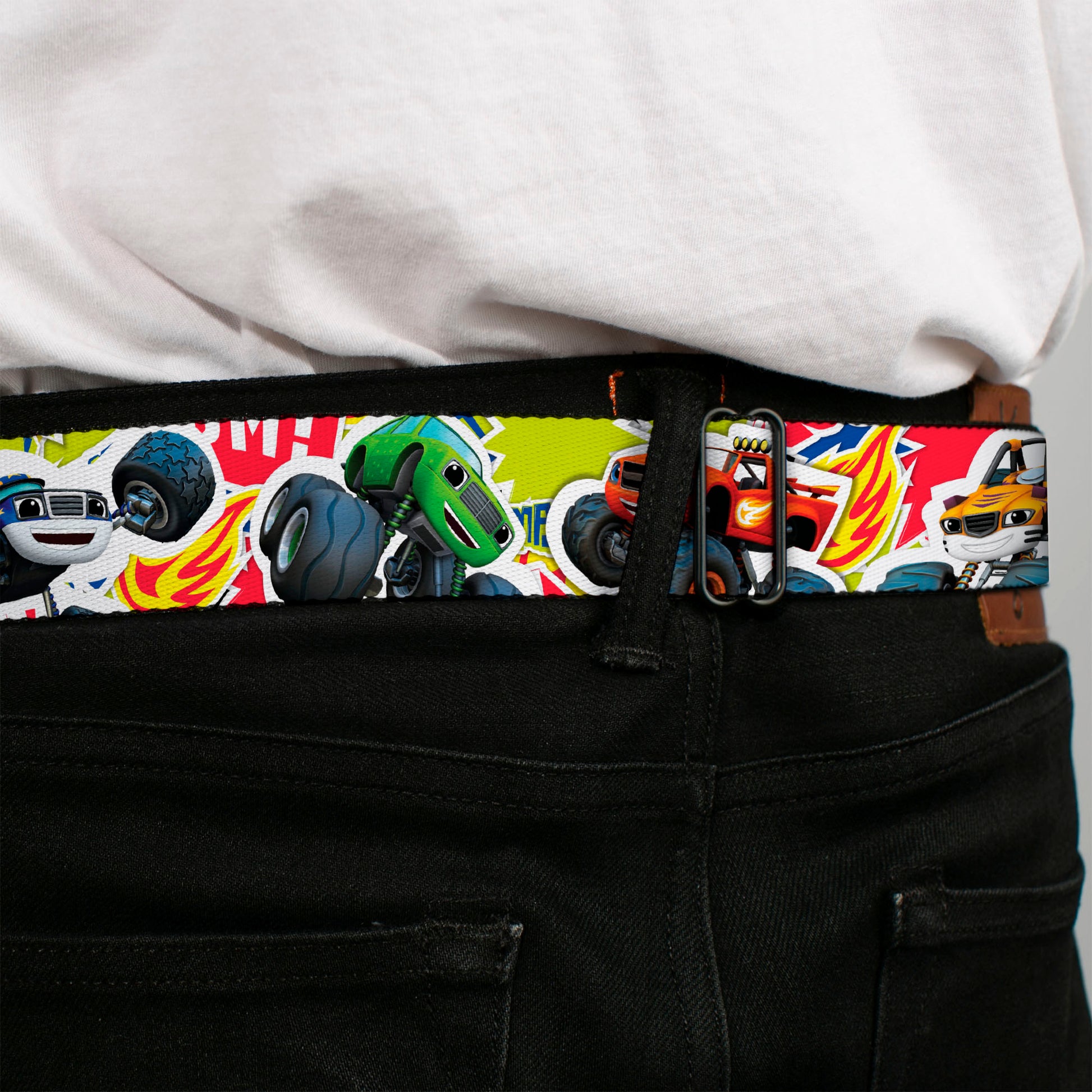 BLAZE AND THE MONSTER MACHINES Logo Full Color Black/Orange/Yellow/Purple Seatbelt Belt - Blaze & 5-Trucks/Flames Collage Green/Multi Color Webbing Seatbelt Belts Blaze and the Monster Machines