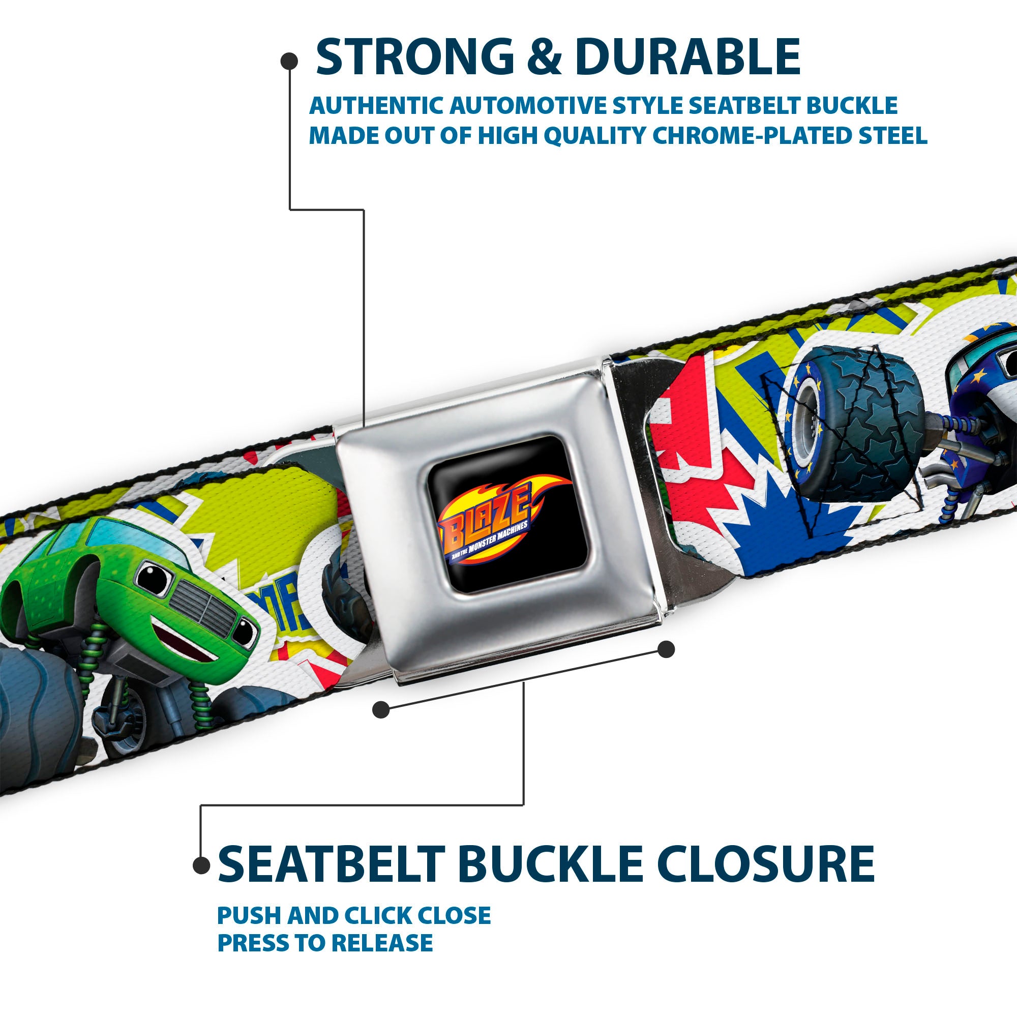 BLAZE AND THE MONSTER MACHINES Logo Full Color Black/Orange/Yellow/Purple Seatbelt Belt - Blaze & 5-Trucks/Flames Collage Green/Multi Color Webbing Seatbelt Belts Blaze and the Monster Machines
