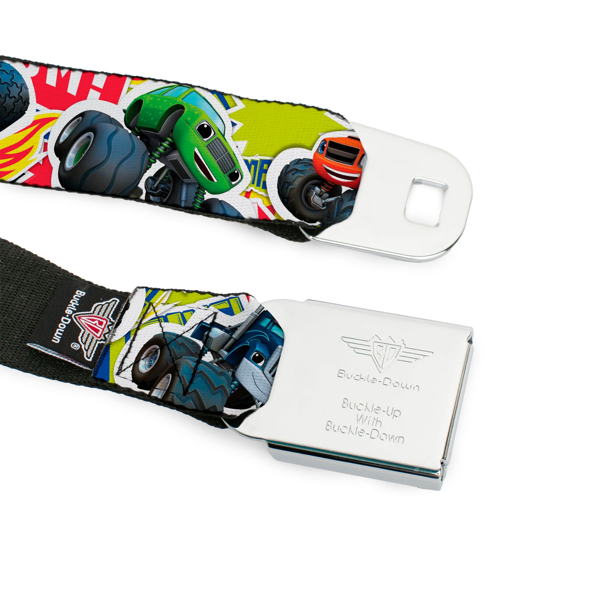 BLAZE AND THE MONSTER MACHINES Logo Full Color Black/Orange/Yellow/Purple Seatbelt Belt - Blaze & 5-Trucks/Flames Collage Green/Multi Color Webbing Seatbelt Belts Blaze and the Monster Machines
