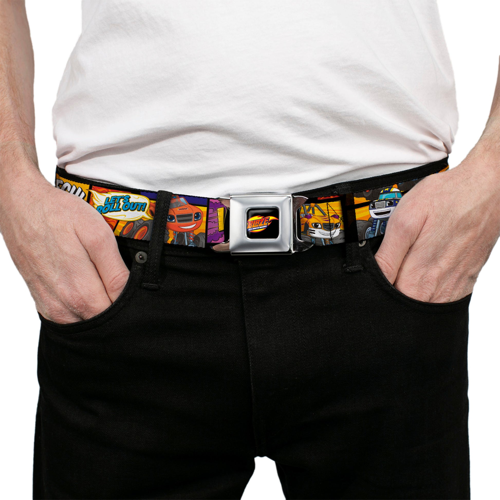 BLAZE AND THE MONSTER MACHINES Logo Full Color Black/Orange/Yellow/Purple Seatbelt Belt - 3-Monster Machine Scene Blocks/Quotes Webbing Seatbelt Belts Blaze and the Monster Machines