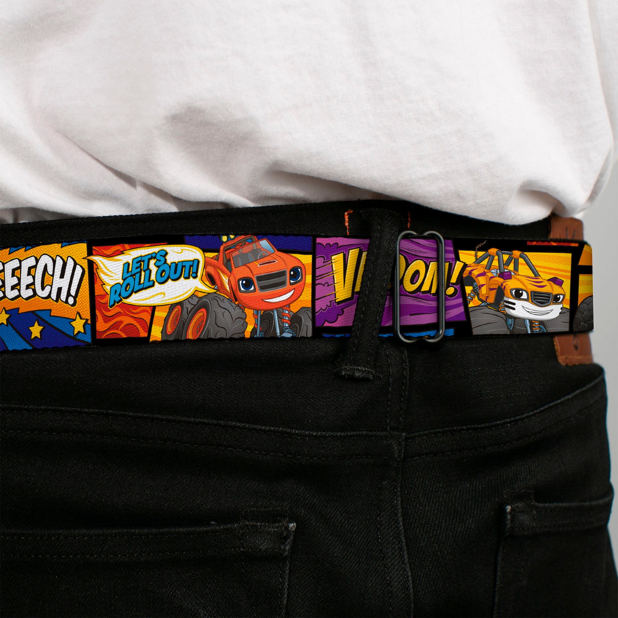 BLAZE AND THE MONSTER MACHINES Logo Full Color Black/Orange/Yellow/Purple Seatbelt Belt - 3-Monster Machine Scene Blocks/Quotes Webbing Seatbelt Belts Blaze and the Monster Machines