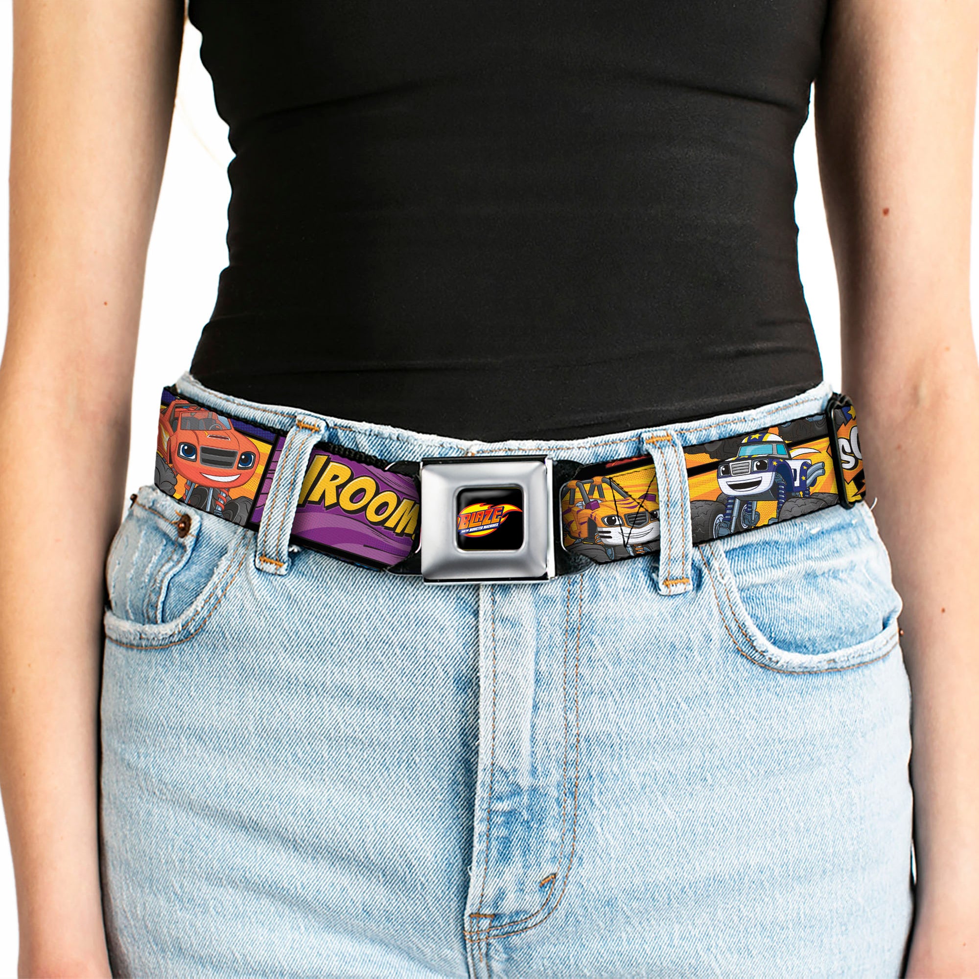 BLAZE AND THE MONSTER MACHINES Logo Full Color Black/Orange/Yellow/Purple Seatbelt Belt - 3-Monster Machine Scene Blocks/Quotes Webbing Seatbelt Belts Blaze and the Monster Machines