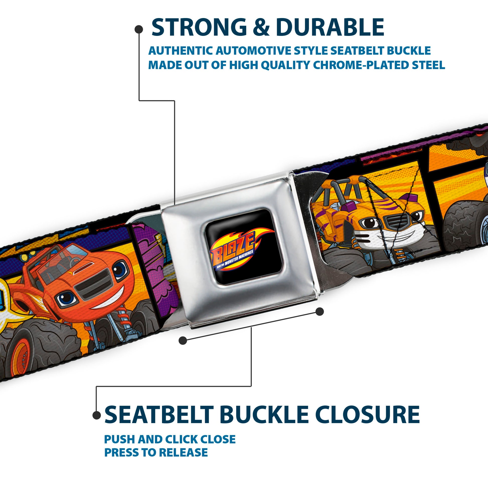BLAZE AND THE MONSTER MACHINES Logo Full Color Black/Orange/Yellow/Purple Seatbelt Belt - 3-Monster Machine Scene Blocks/Quotes Webbing Seatbelt Belts Blaze and the Monster Machines