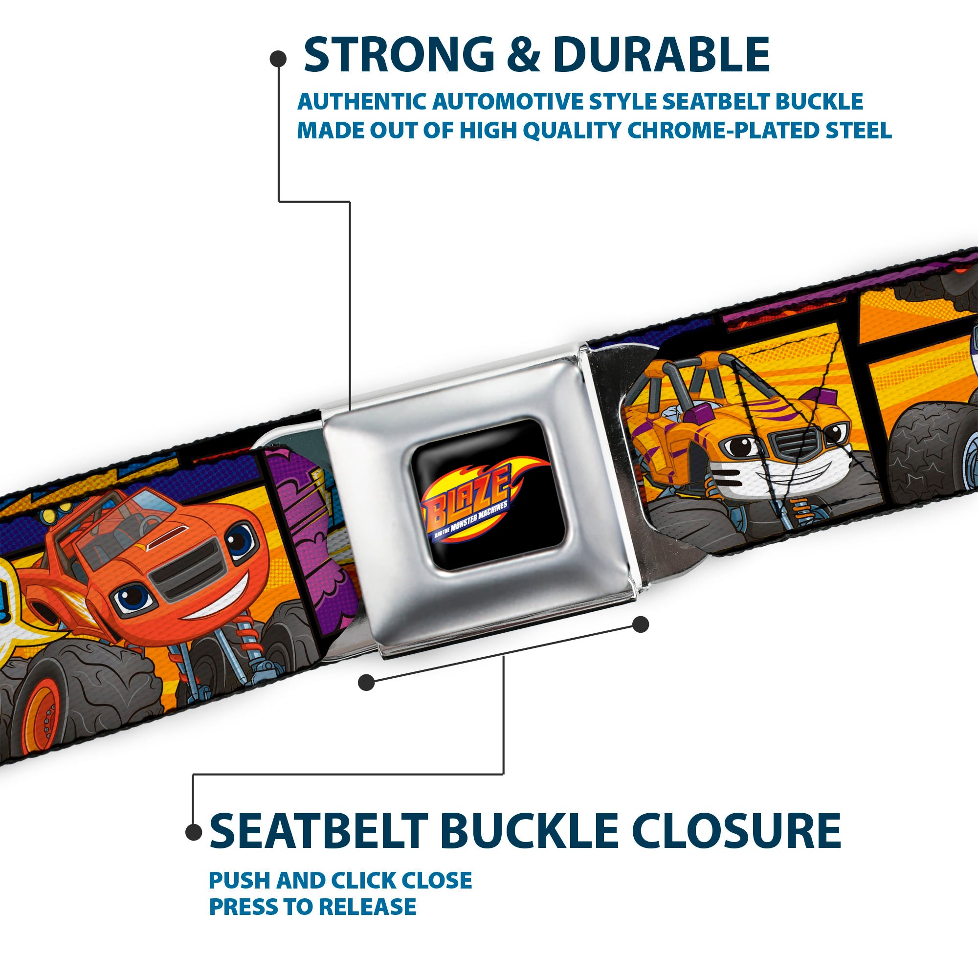 BLAZE AND THE MONSTER MACHINES Logo Full Color Black/Orange/Yellow/Purple Seatbelt Belt - 3-Monster Machine Scene Blocks/Quotes Webbing Seatbelt Belts Blaze and the Monster Machines