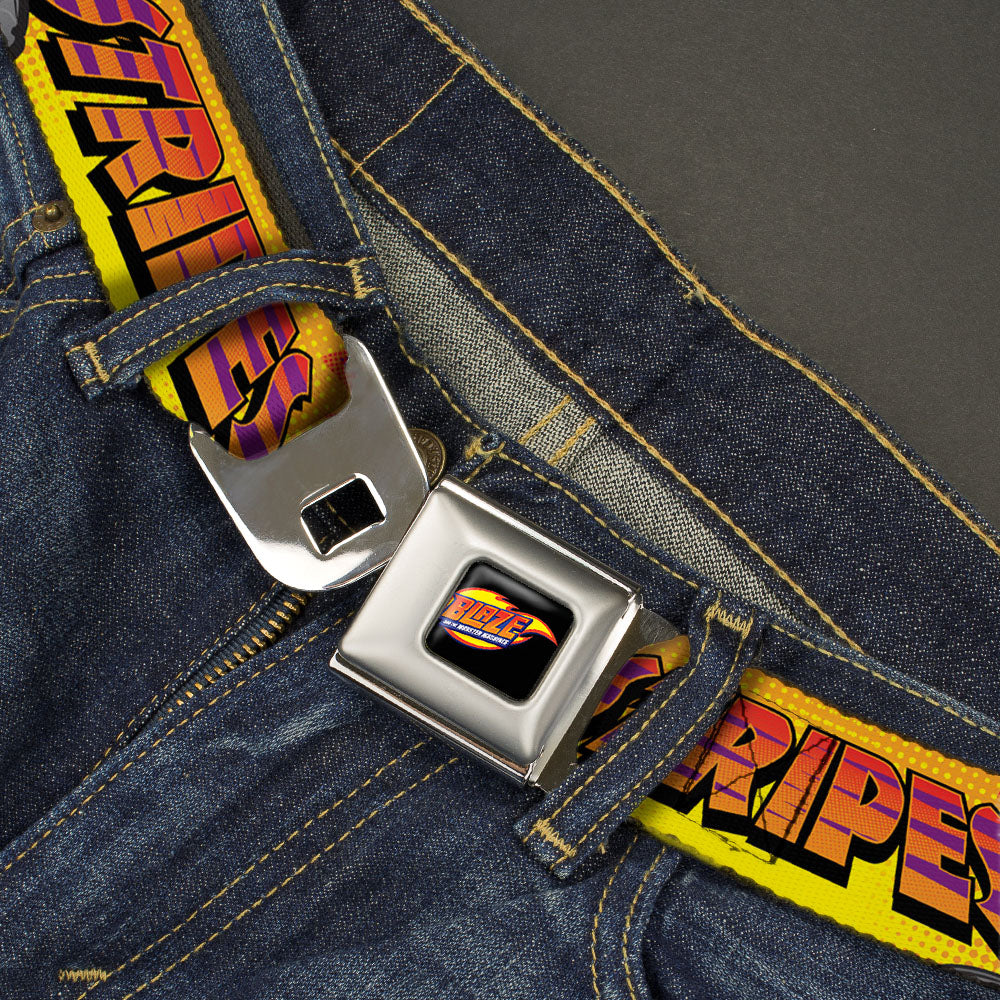 BLAZE AND THE MONSTER MACHINES Logo Full Color Black/Orange/Yellow/Purple Seatbelt Belt - 4-Trucks/Names Halftone Pop Art Red/Multi Color Webbing Seatbelt Belts Blaze and the Monster Machines