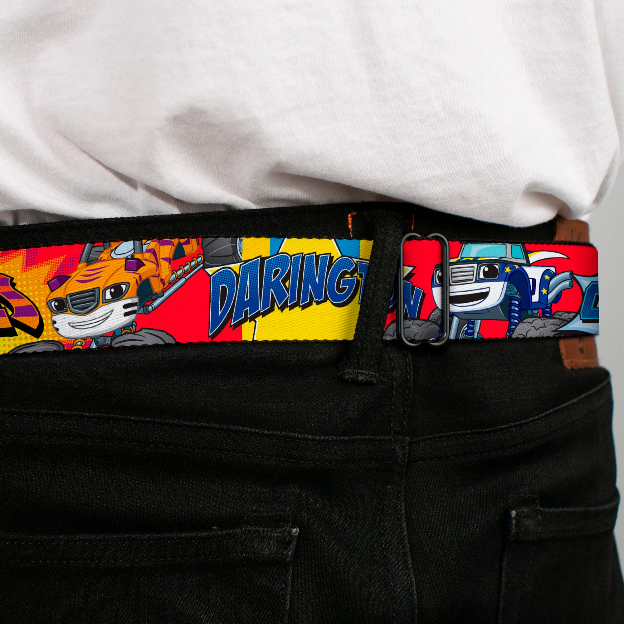 BLAZE AND THE MONSTER MACHINES Logo Full Color Black/Orange/Yellow/Purple Seatbelt Belt - 4-Trucks/Names Halftone Pop Art Red/Multi Color Webbing Seatbelt Belts Blaze and the Monster Machines