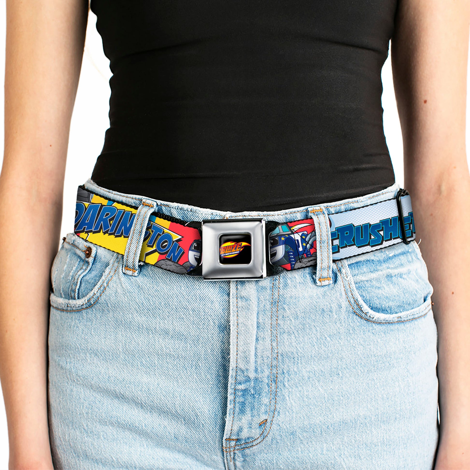 BLAZE AND THE MONSTER MACHINES Logo Full Color Black/Orange/Yellow/Purple Seatbelt Belt - 4-Trucks/Names Halftone Pop Art Red/Multi Color Webbing Seatbelt Belts Blaze and the Monster Machines