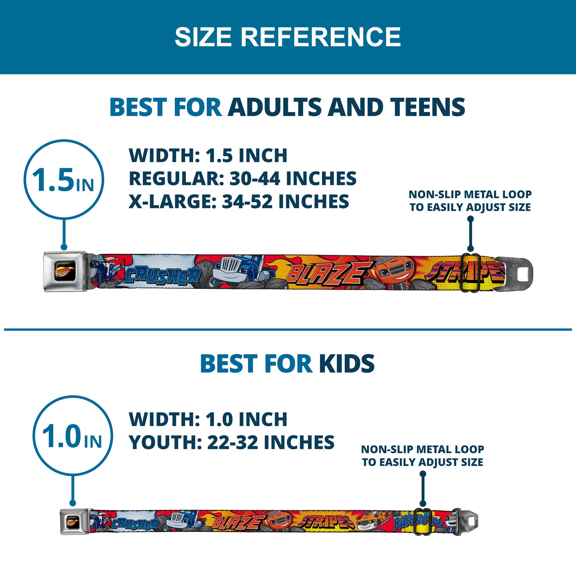 BLAZE AND THE MONSTER MACHINES Logo Full Color Black/Orange/Yellow/Purple Seatbelt Belt - 4-Trucks/Names Halftone Pop Art Red/Multi Color Webbing Seatbelt Belts Blaze and the Monster Machines