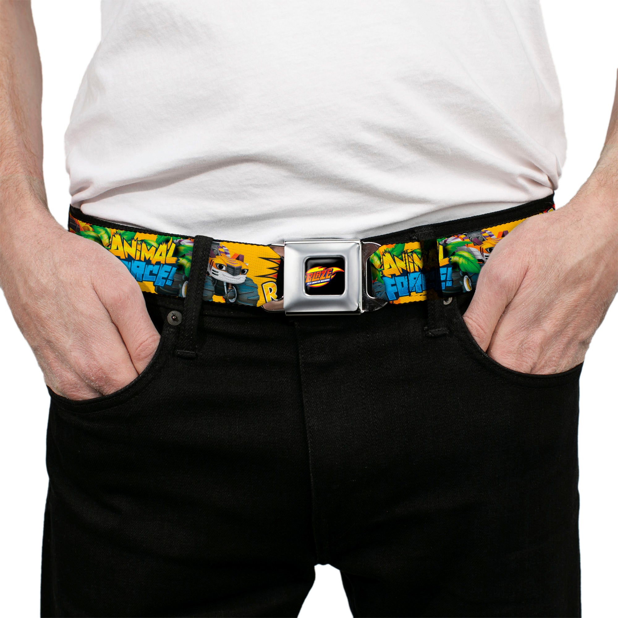 BLAZE AND THE MONSTER MACHINES Logo Full Color Black/Orange/Yellow/Purple Seatbelt Belt - Blaze & Stripes ANIMAL FORCE Pose/LET'S ROLL OUT! Pop Art Yellows/Reds Webbing Seatbelt Belts Blaze and the Monster Machines
