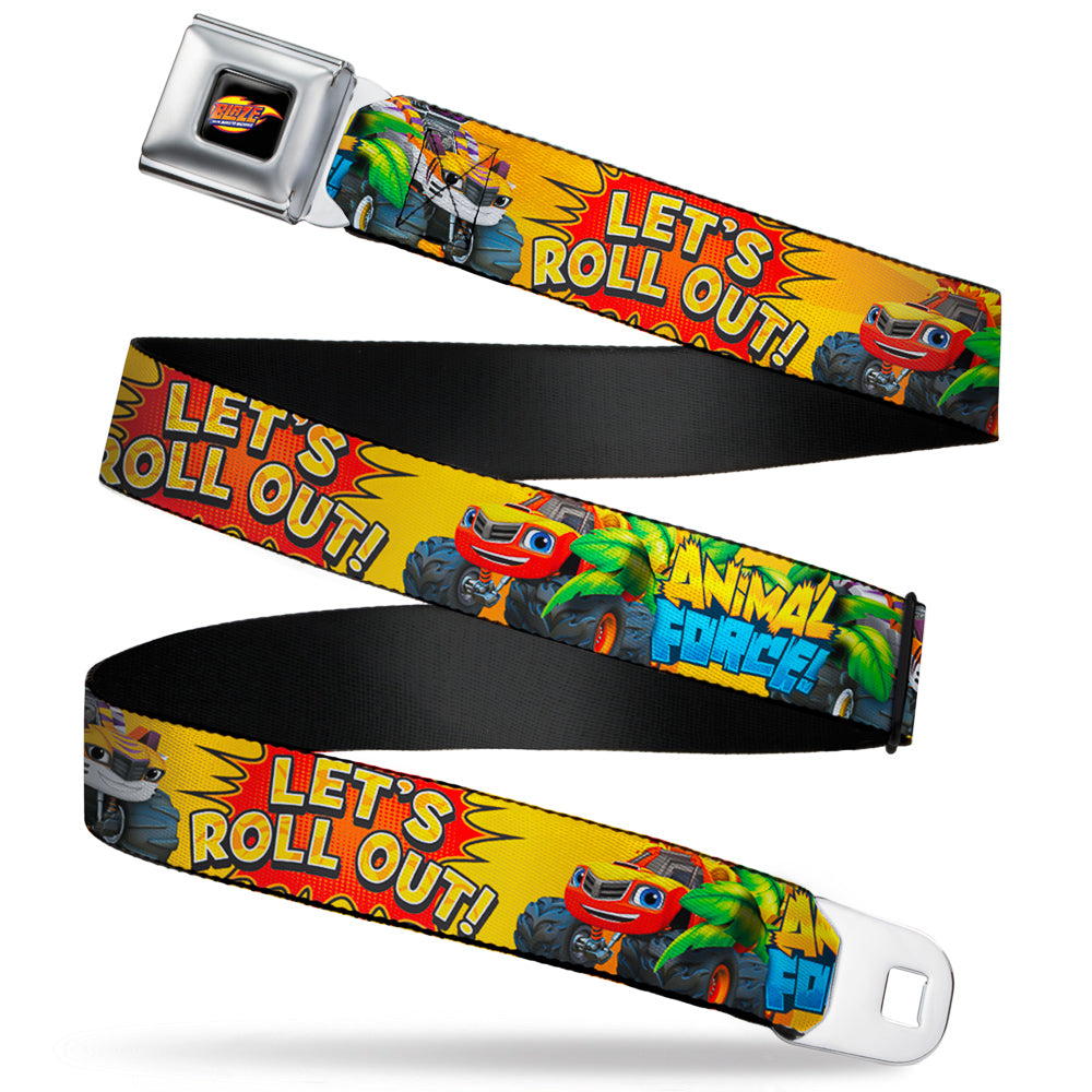 BLAZE AND THE MONSTER MACHINES Logo Full Color Black/Orange/Yellow/Purple Seatbelt Belt - Blaze & Stripes ANIMAL FORCE Pose/LET'S ROLL OUT! Pop Art Yellows/Reds Webbing Seatbelt Belts Blaze and the Monster Machines