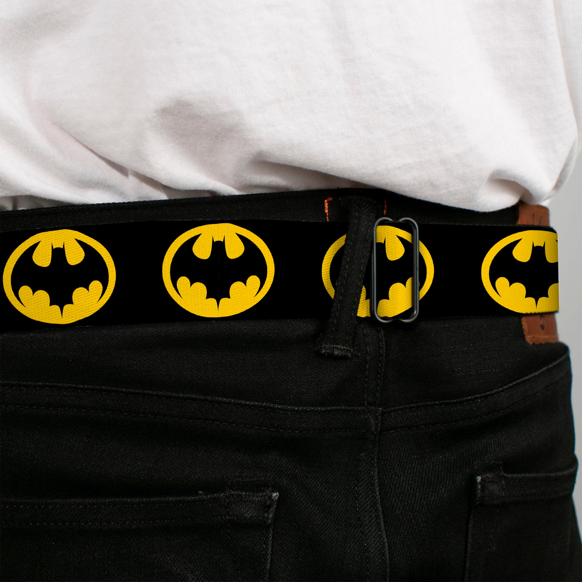 Batman 1989 Logo Full Color Black/Yellow Seatbelt Belt - Batman 1989 Logo Black/Yellow Webbing Seatbelt Belts DC Comics
