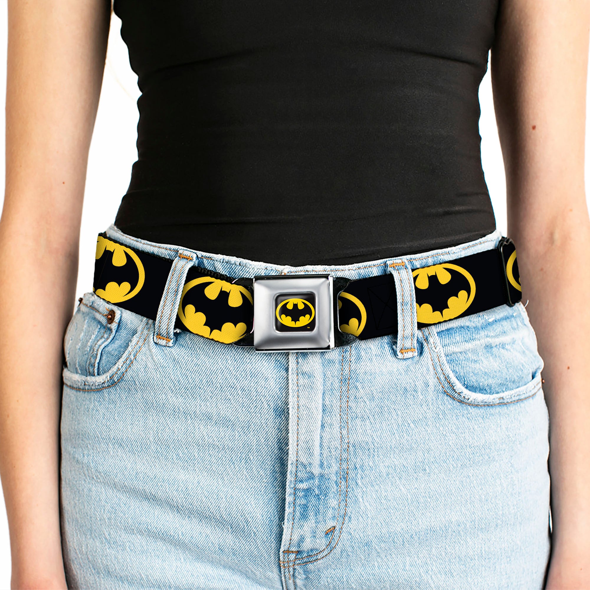Batman 1989 Logo Full Color Black/Yellow Seatbelt Belt - Batman 1989 Logo Black/Yellow Webbing Seatbelt Belts DC Comics