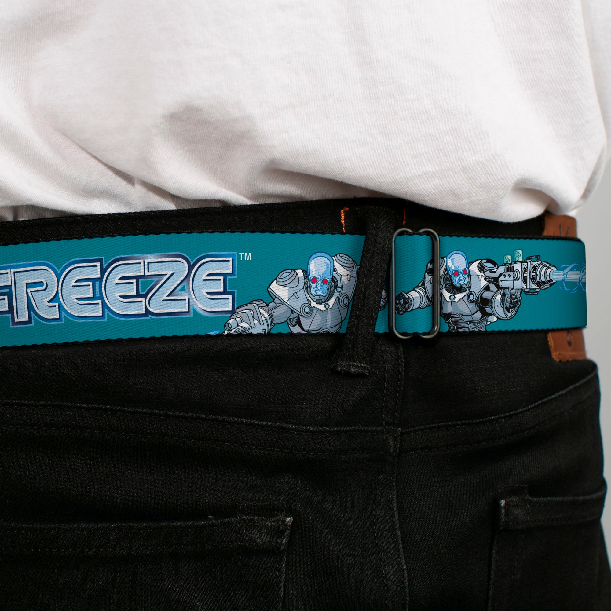 MR. FREEZE Title Logo and Face Full Color Blues Seatbelt Belt - DC Batman Villain MR. FREEZE Poses and Title Logo Blues Webbing Seatbelt Belts DC Comics