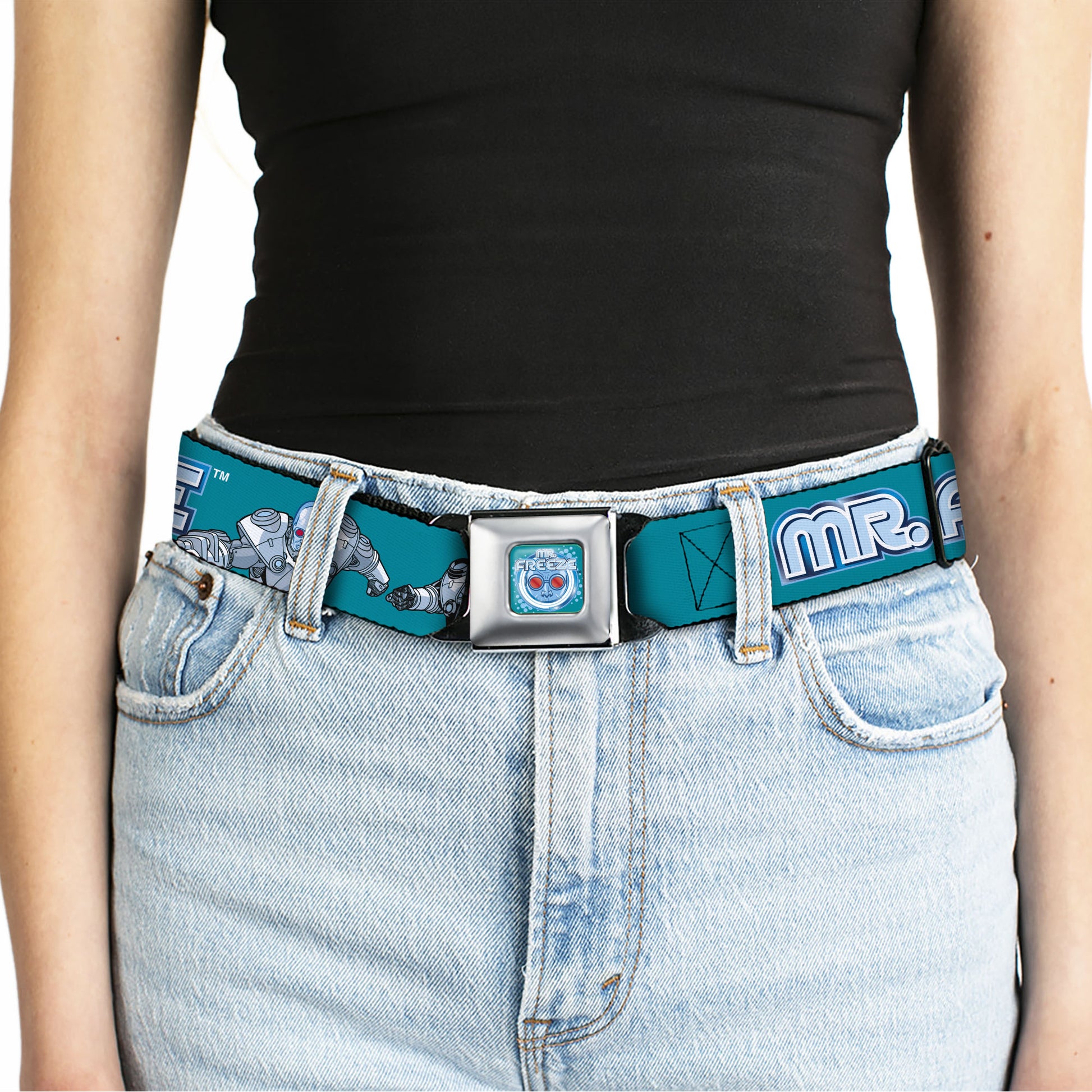 MR. FREEZE Title Logo and Face Full Color Blues Seatbelt Belt - DC Batman Villain MR. FREEZE Poses and Title Logo Blues Webbing Seatbelt Belts DC Comics