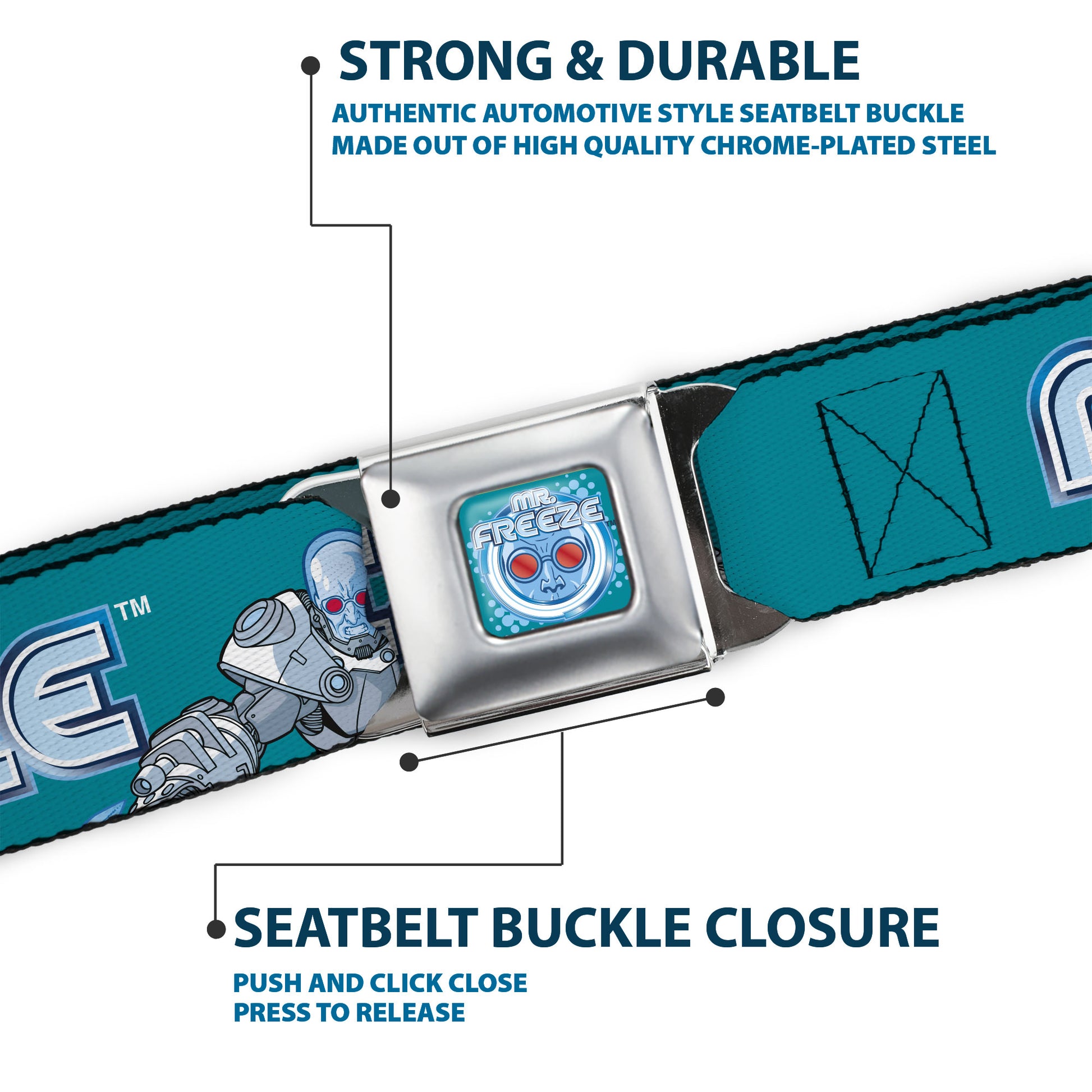 MR. FREEZE Title Logo and Face Full Color Blues Seatbelt Belt - DC Batman Villain MR. FREEZE Poses and Title Logo Blues Webbing Seatbelt Belts DC Comics