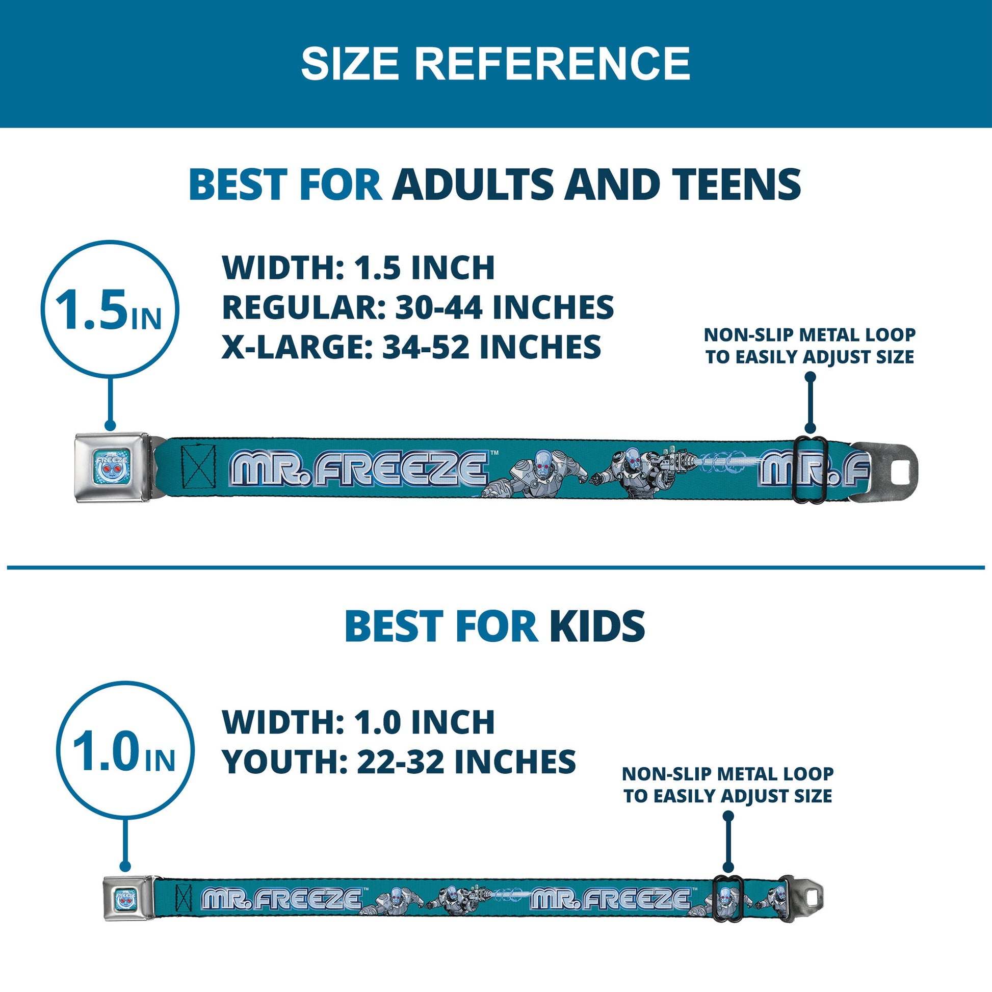 MR. FREEZE Title Logo and Face Full Color Blues Seatbelt Belt - DC Batman Villain MR. FREEZE Poses and Title Logo Blues Webbing Seatbelt Belts DC Comics