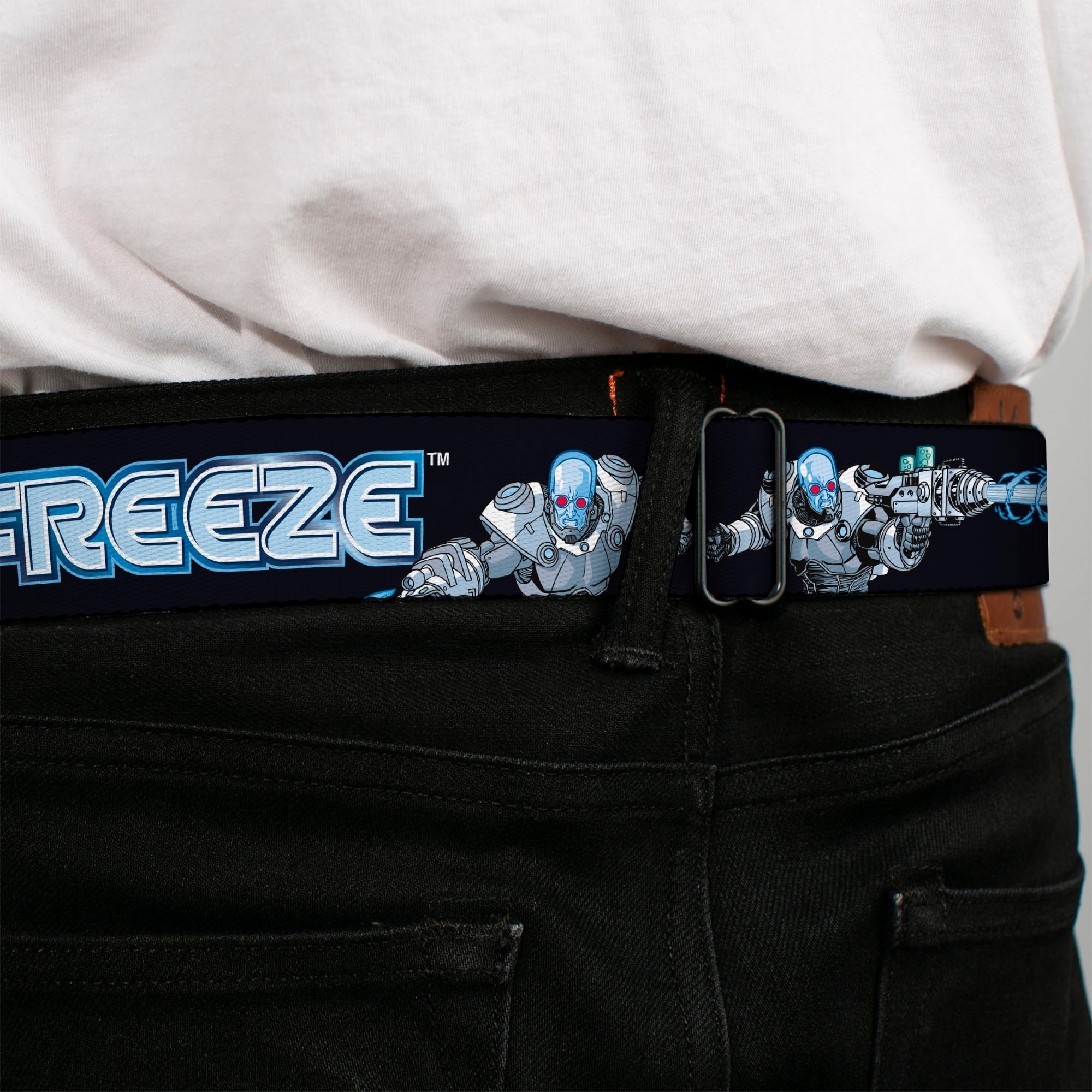 MR. FREEZE Title Logo Full Color Black Seatbelt Belt - DC Batman Villain MR. FREEZE Poses and Title Logo Black/Blues Webbing Seatbelt Belts DC Comics