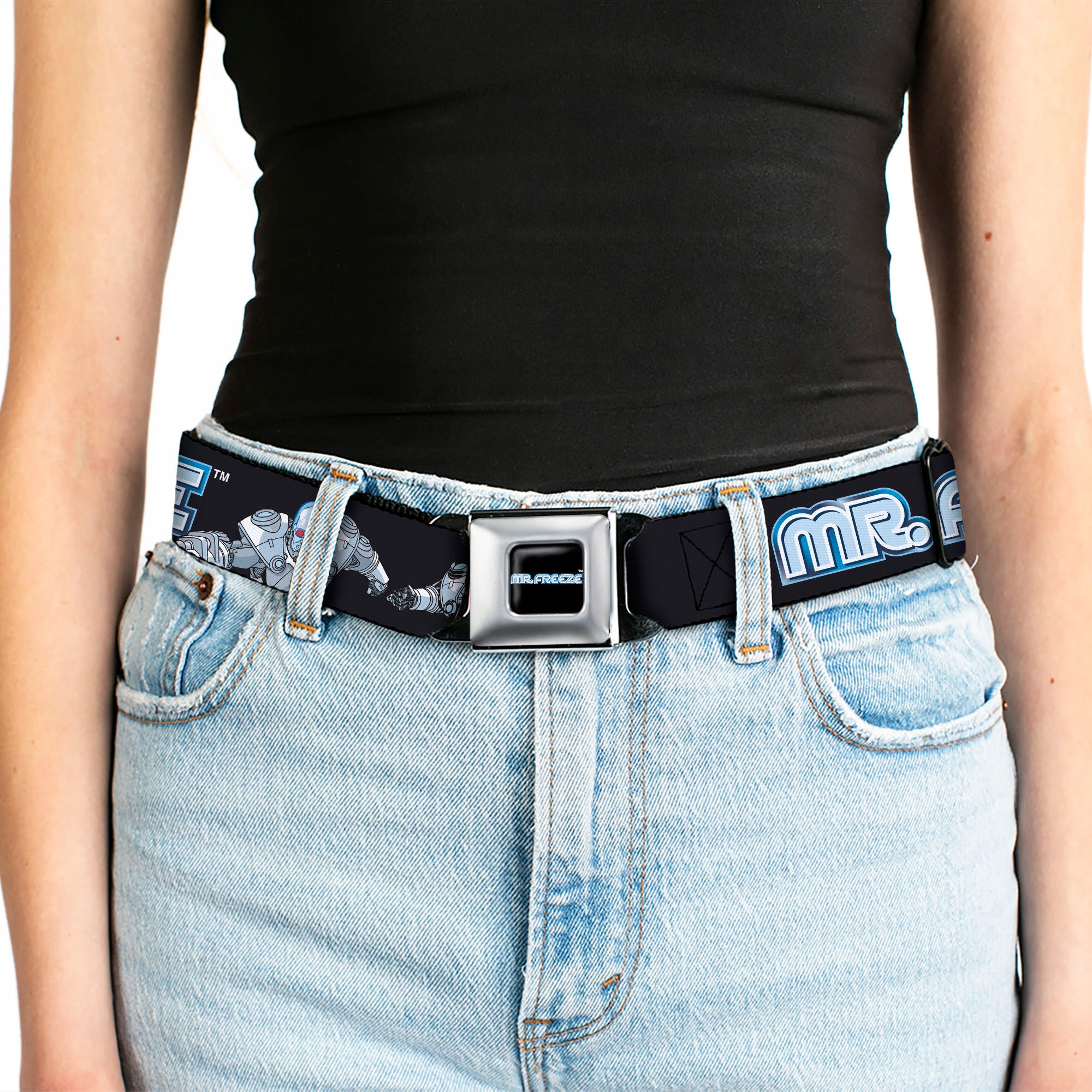 MR. FREEZE Title Logo Full Color Black Seatbelt Belt - DC Batman Villain MR. FREEZE Poses and Title Logo Black/Blues Webbing Seatbelt Belts DC Comics