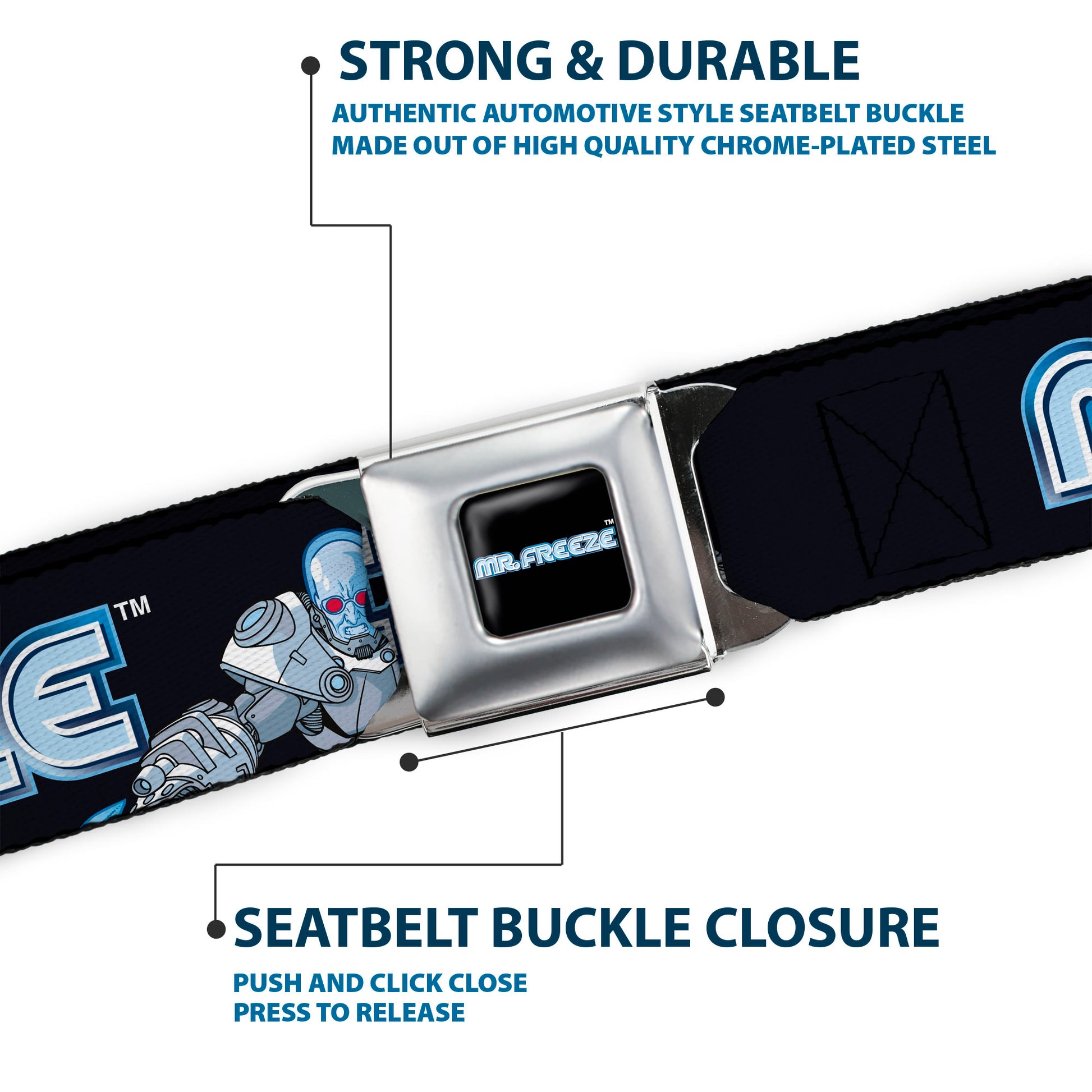 MR. FREEZE Title Logo Full Color Black Seatbelt Belt - DC Batman Villain MR. FREEZE Poses and Title Logo Black/Blues Webbing Seatbelt Belts DC Comics