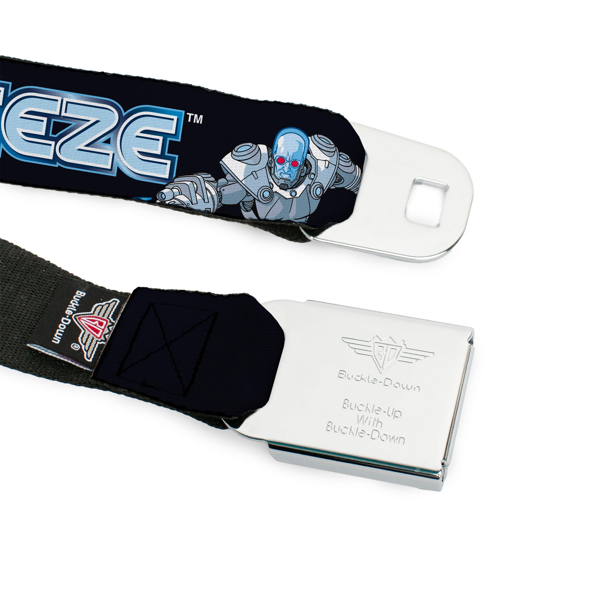 MR. FREEZE Title Logo Full Color Black Seatbelt Belt - DC Batman Villain MR. FREEZE Poses and Title Logo Black/Blues Webbing Seatbelt Belts DC Comics