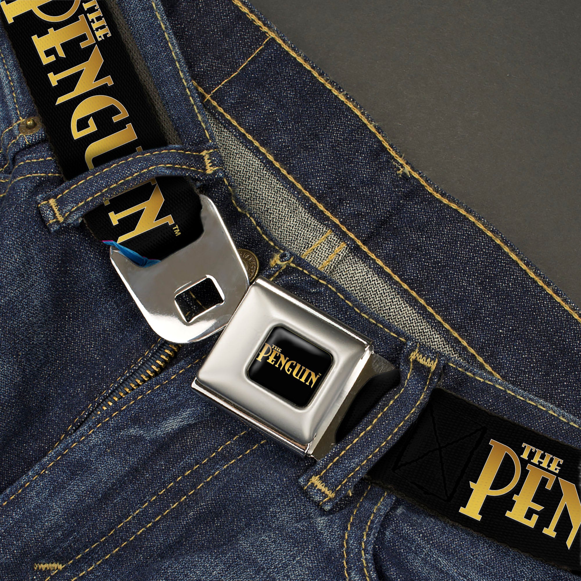 THE PENGUIN Title Logo Full Color Black/Gold Seatbelt Belt - DC Batman Villain THE PENGUIN Poses and Title Logo Black/Gold/Blues Webbing Seatbelt Belts DC Comics