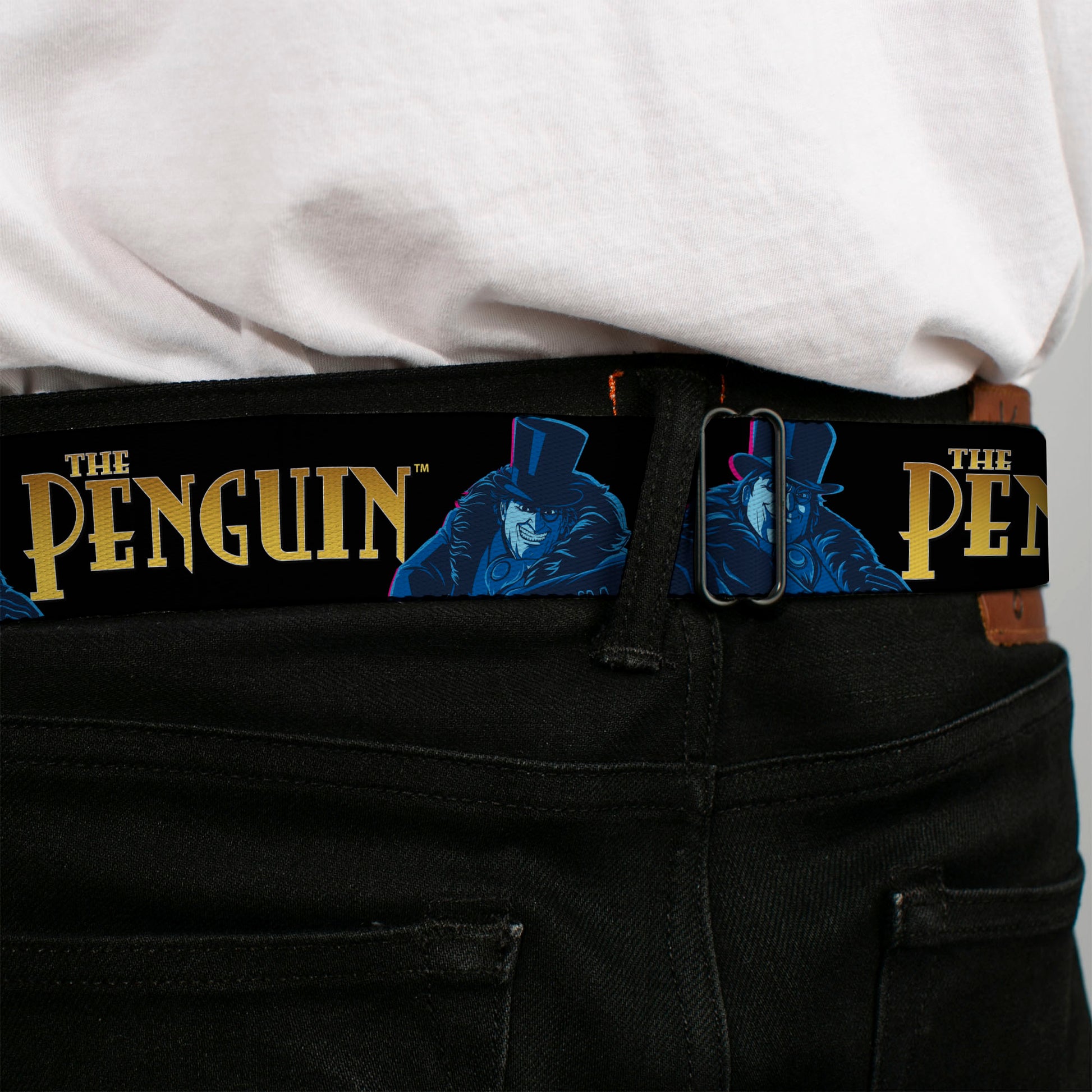 THE PENGUIN Title Logo Full Color Black/Gold Seatbelt Belt - DC Batman Villain THE PENGUIN Poses and Title Logo Black/Gold/Blues Webbing Seatbelt Belts DC Comics