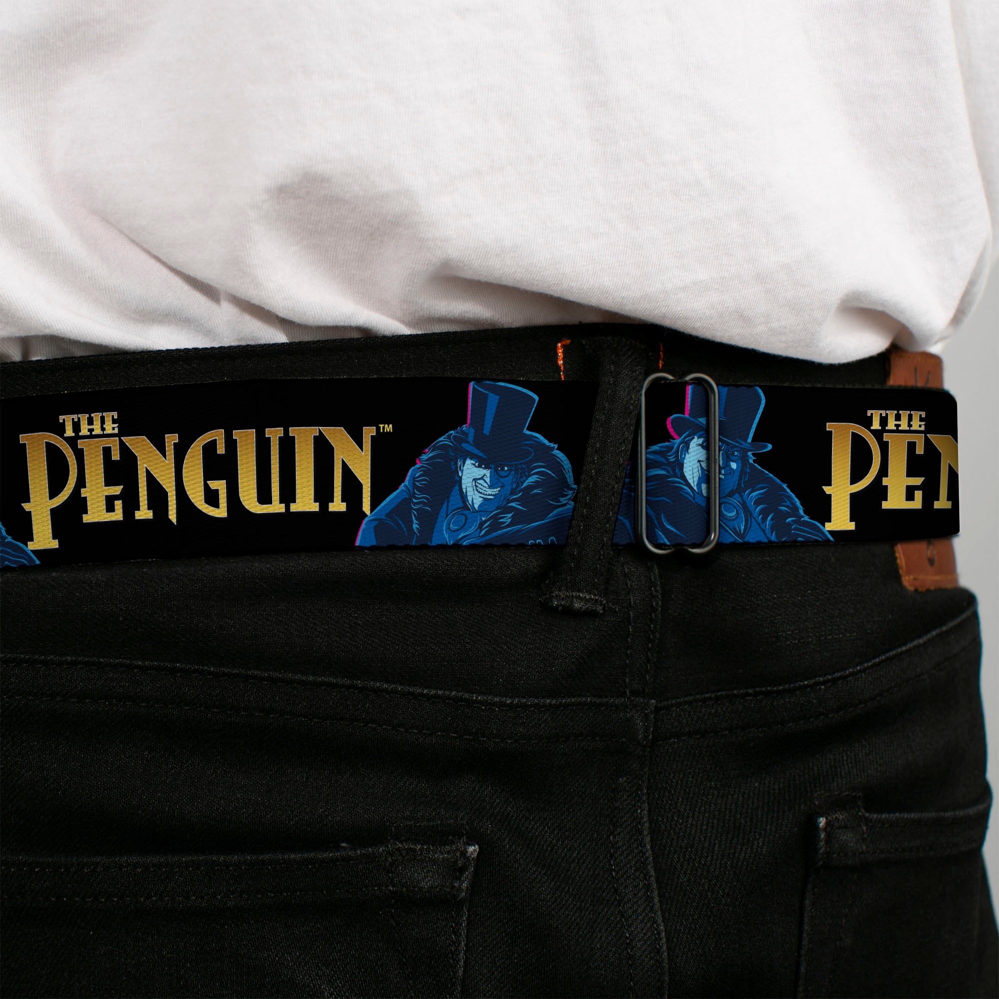 THE PENGUIN Title Logo Full Color Black/Gold Seatbelt Belt - DC Batman Villain THE PENGUIN Poses and Title Logo Black/Gold/Blues Webbing Seatbelt Belts DC Comics