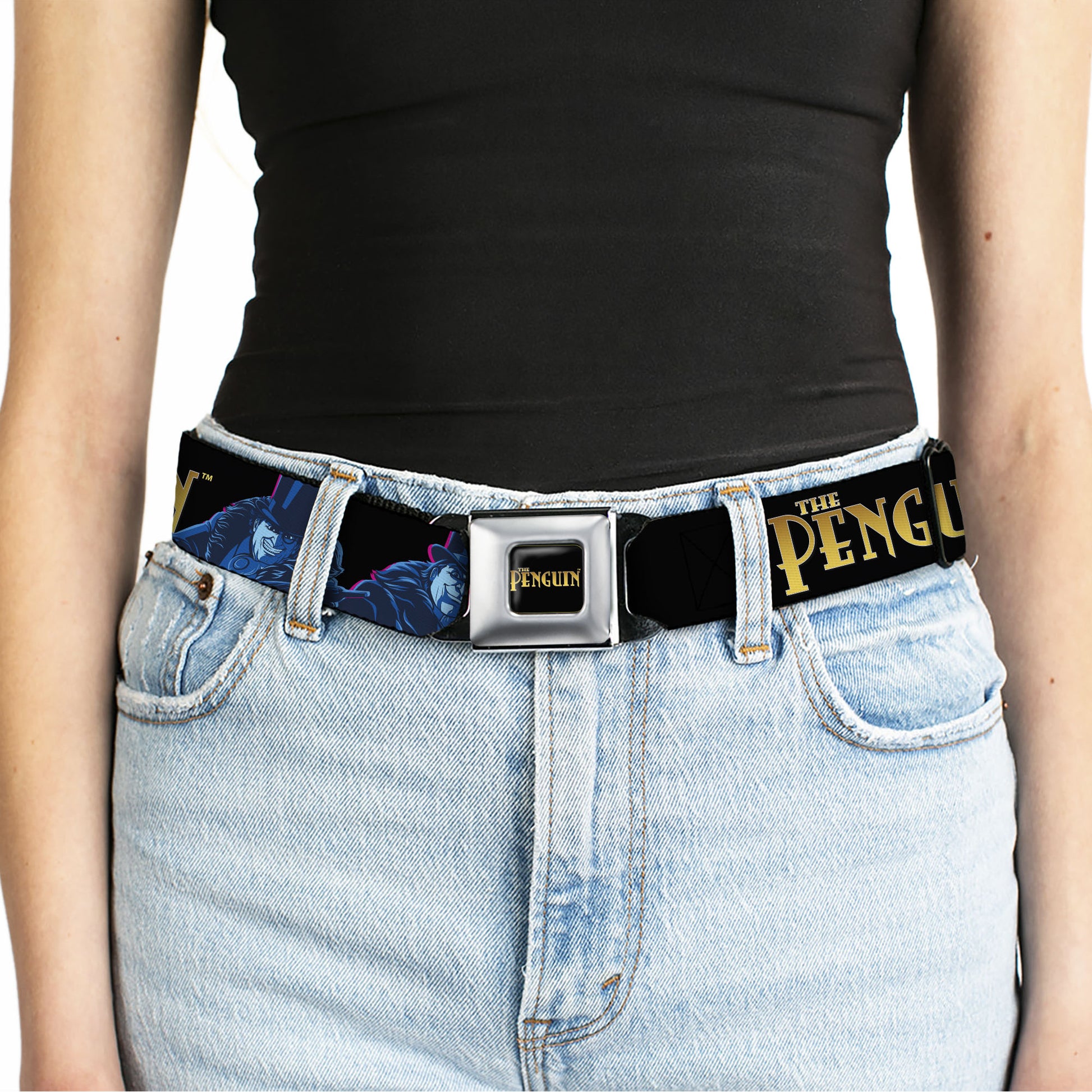 THE PENGUIN Title Logo Full Color Black/Gold Seatbelt Belt - DC Batman Villain THE PENGUIN Poses and Title Logo Black/Gold/Blues Webbing Seatbelt Belts DC Comics