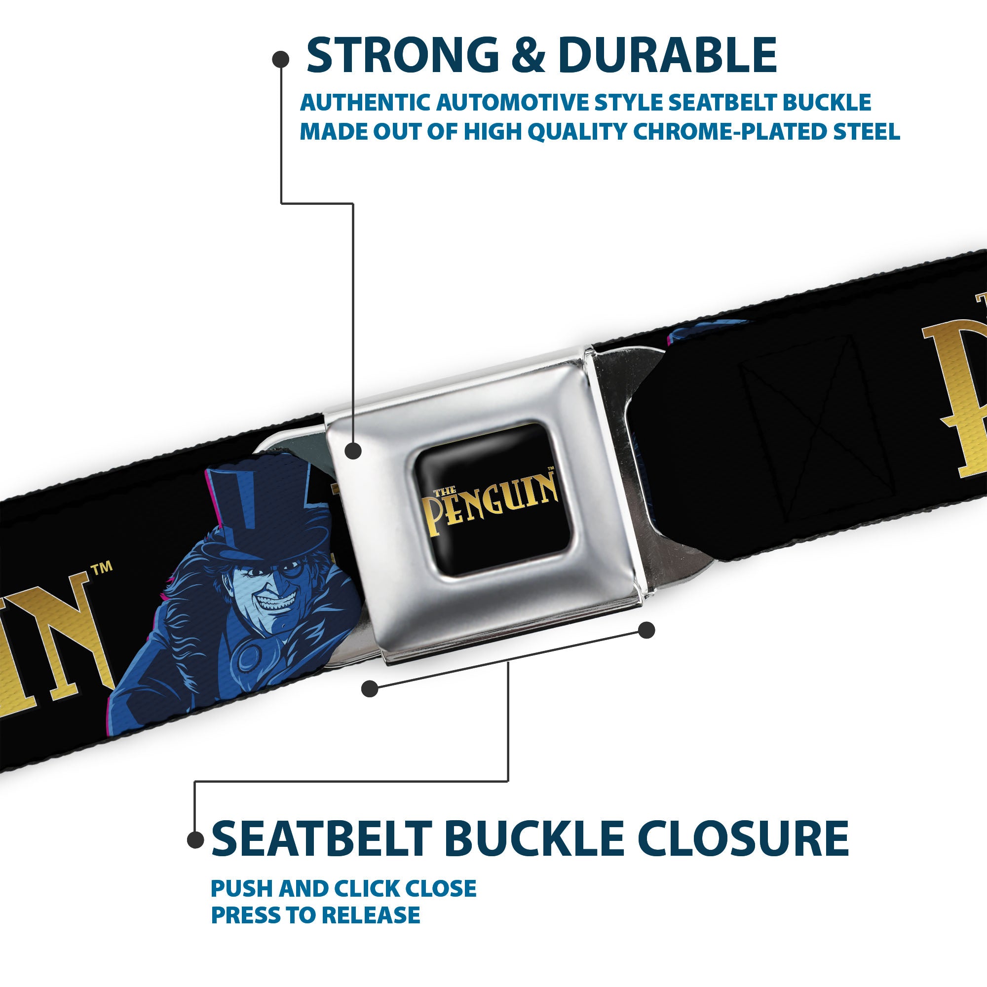 THE PENGUIN Title Logo Full Color Black/Gold Seatbelt Belt - DC Batman Villain THE PENGUIN Poses and Title Logo Black/Gold/Blues Webbing Seatbelt Belts DC Comics