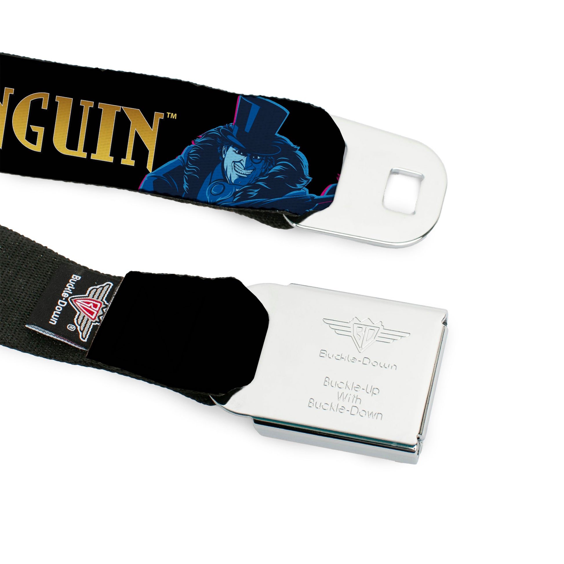 THE PENGUIN Title Logo Full Color Black/Gold Seatbelt Belt - DC Batman Villain THE PENGUIN Poses and Title Logo Black/Gold/Blues Webbing Seatbelt Belts DC Comics