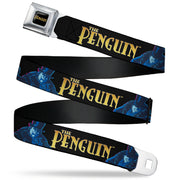 THE PENGUIN Title Logo Full Color Black/Gold Seatbelt Belt - DC Batman Villain THE PENGUIN Poses and Title Logo Black/Gold/Blues Webbing Seatbelt Belts DC Comics