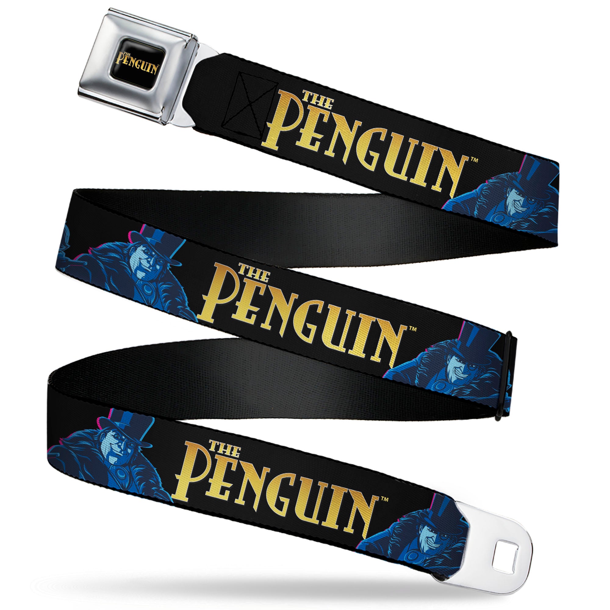 THE PENGUIN Title Logo Full Color Black/Gold Seatbelt Belt - DC Batman Villain THE PENGUIN Poses and Title Logo Black/Gold/Blues Webbing Seatbelt Belts DC Comics