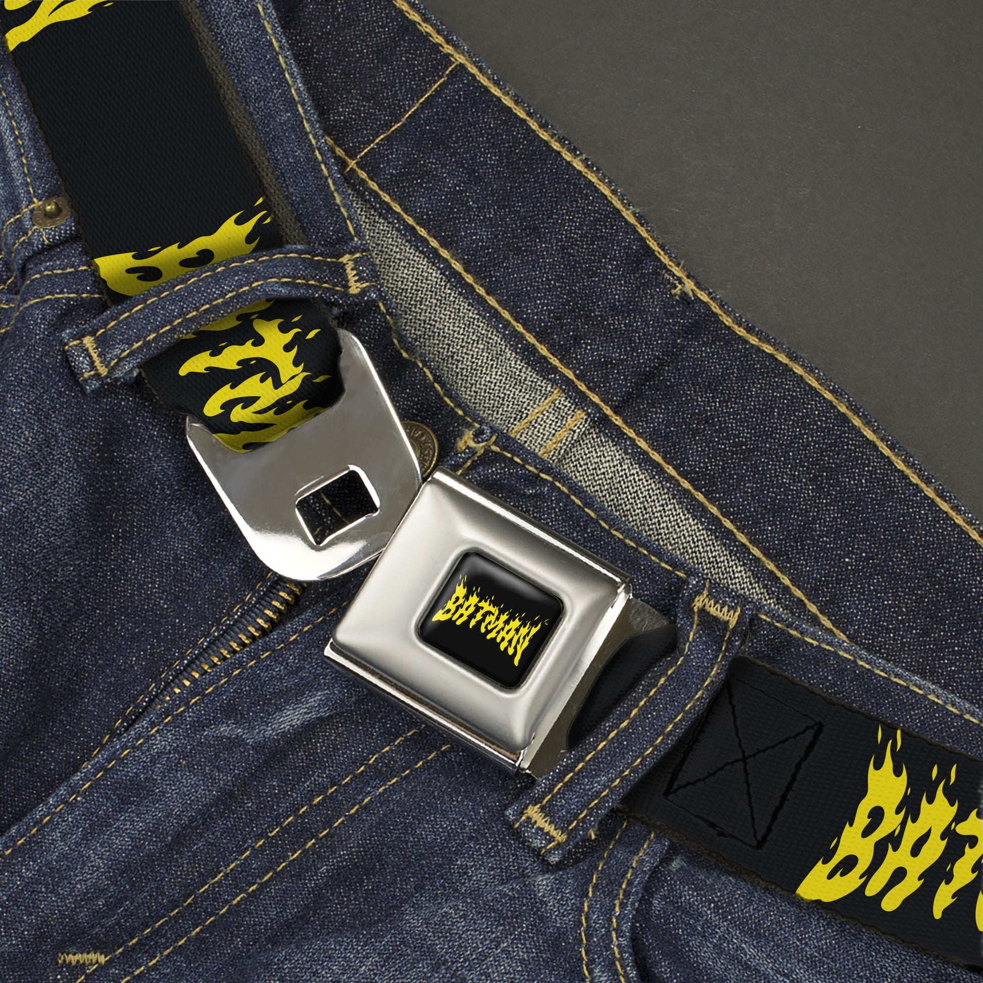 BATMAN Flame Text Full Color Black/Yellow Seatbelt Belt - BATMAN Flame Text Black/Yellow Webbing Seatbelt Belts DC Comics