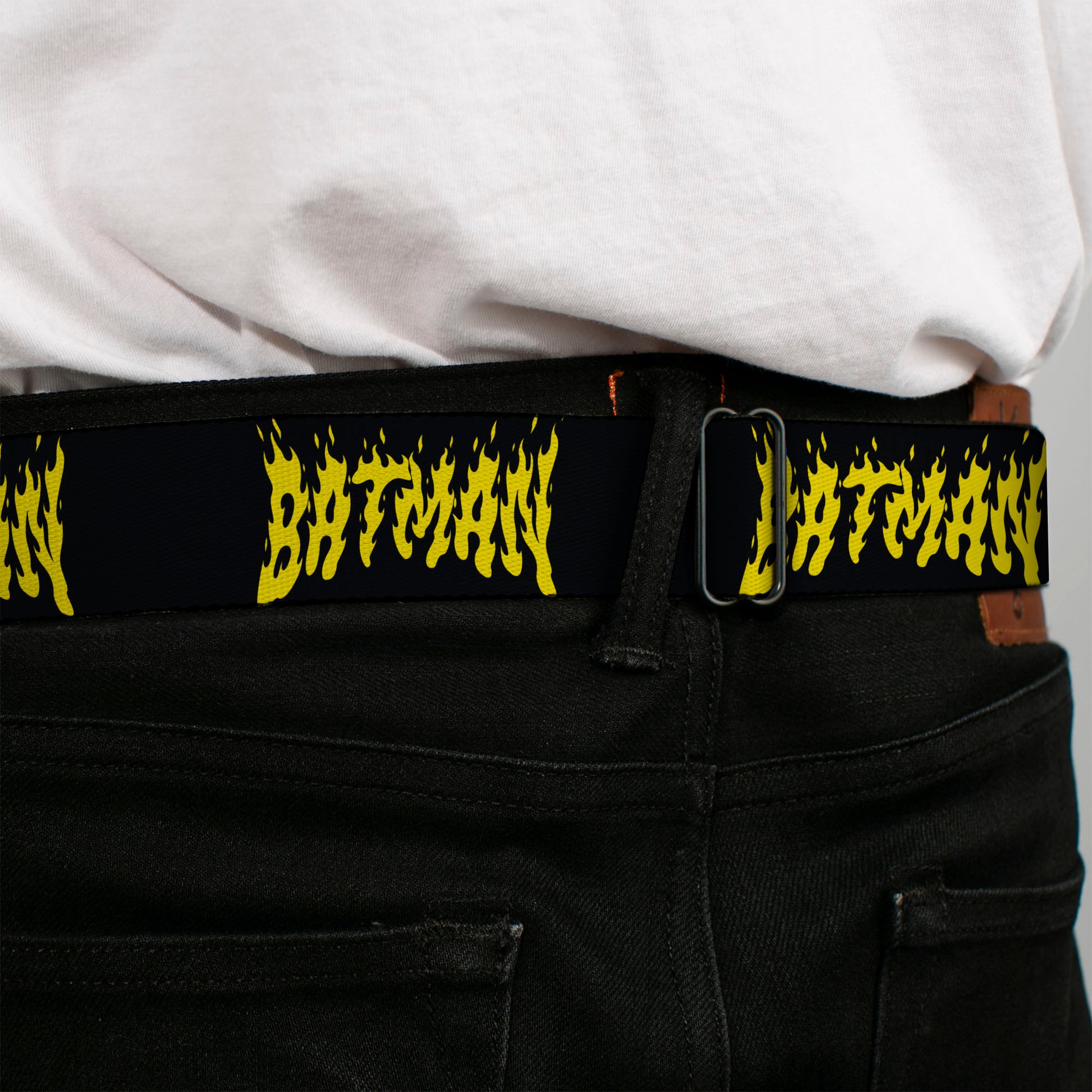 BATMAN Flame Text Full Color Black/Yellow Seatbelt Belt - BATMAN Flame Text Black/Yellow Webbing Seatbelt Belts DC Comics