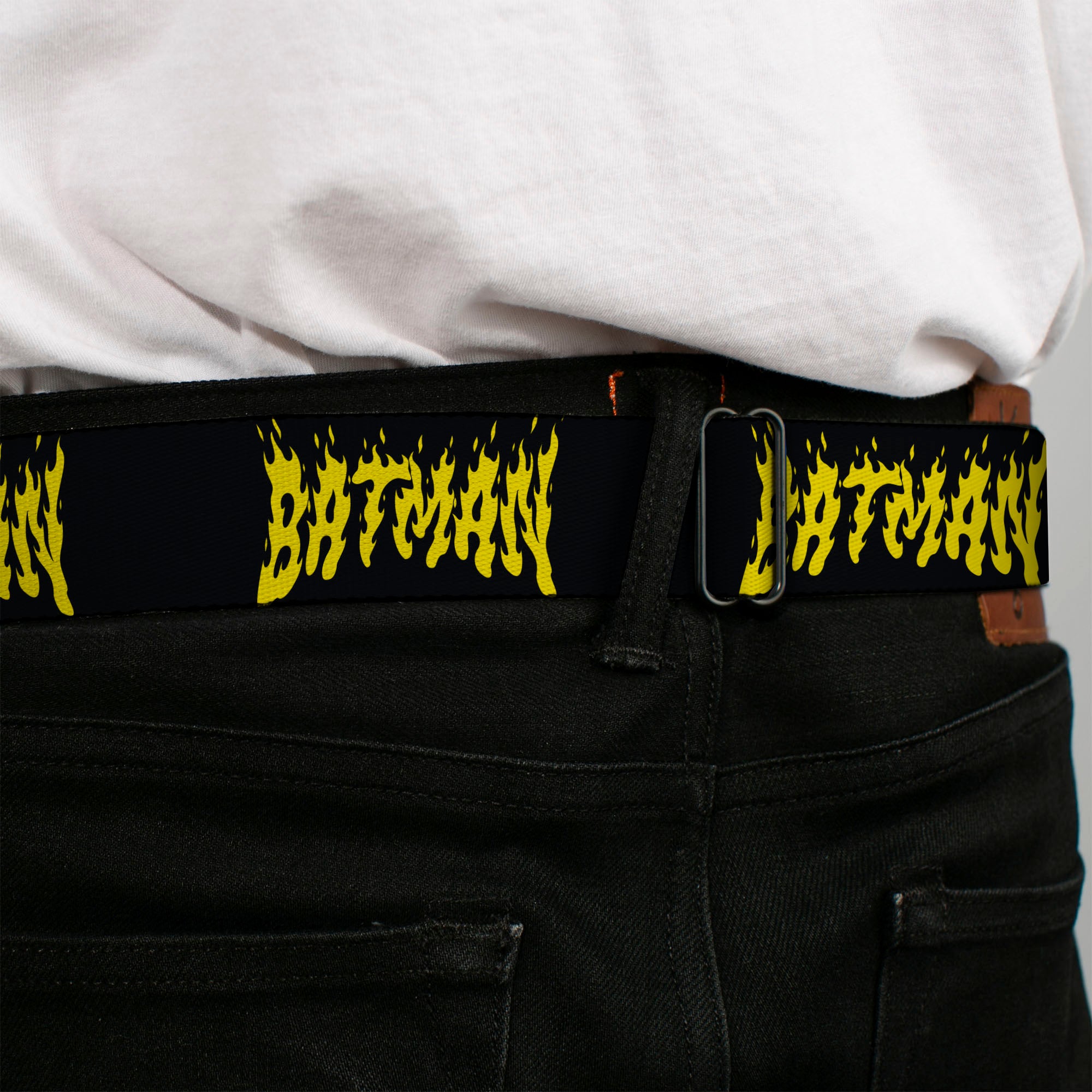 BATMAN Flame Text Full Color Black/Yellow Seatbelt Belt - BATMAN Flame Text Black/Yellow Webbing Seatbelt Belts DC Comics
