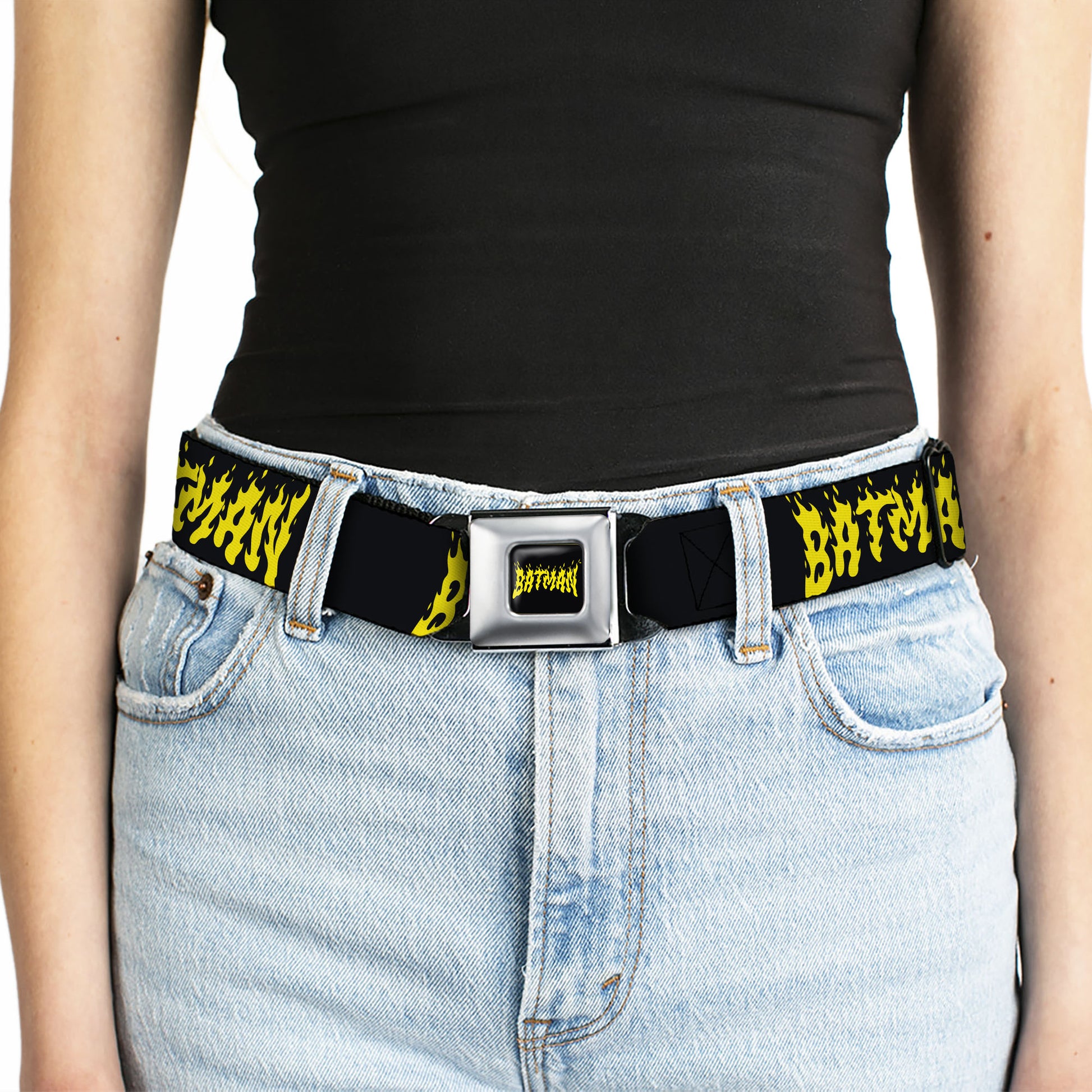 BATMAN Flame Text Full Color Black/Yellow Seatbelt Belt - BATMAN Flame Text Black/Yellow Webbing Seatbelt Belts DC Comics