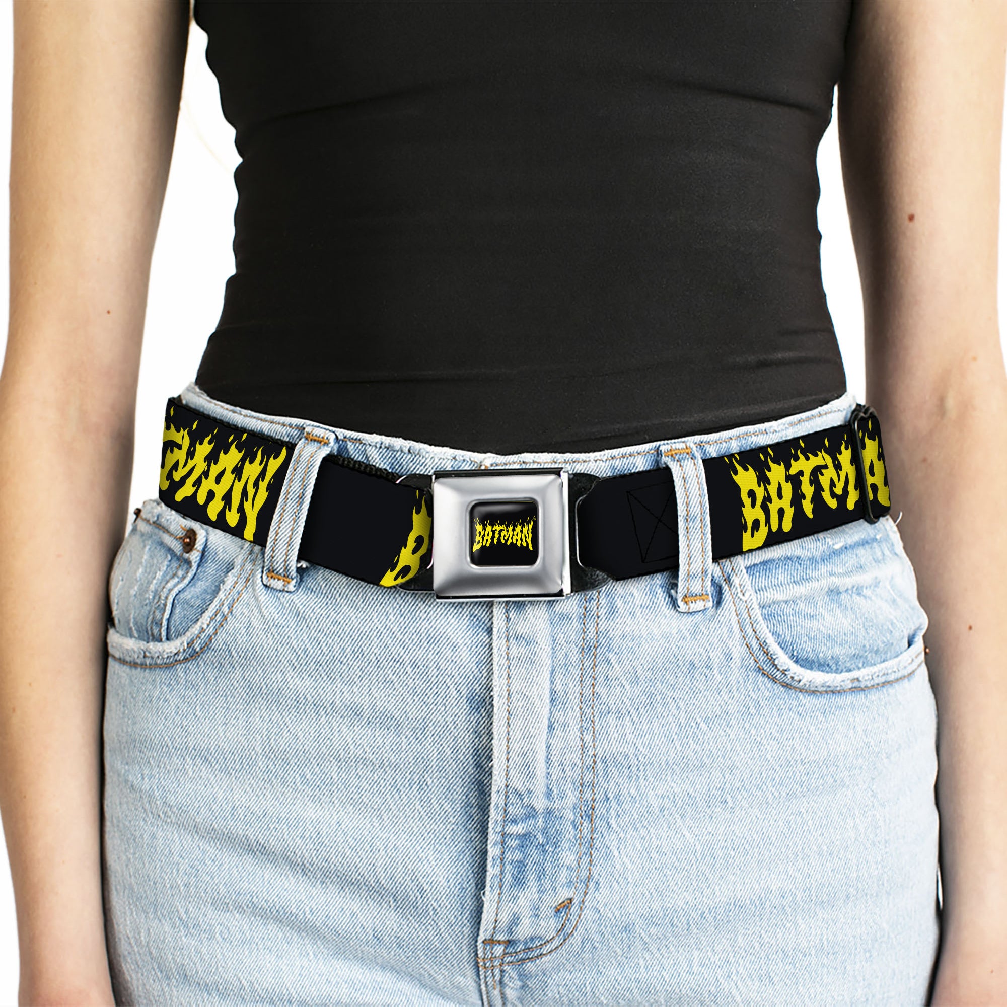 BATMAN Flame Text Full Color Black/Yellow Seatbelt Belt - BATMAN Flame Text Black/Yellow Webbing Seatbelt Belts DC Comics