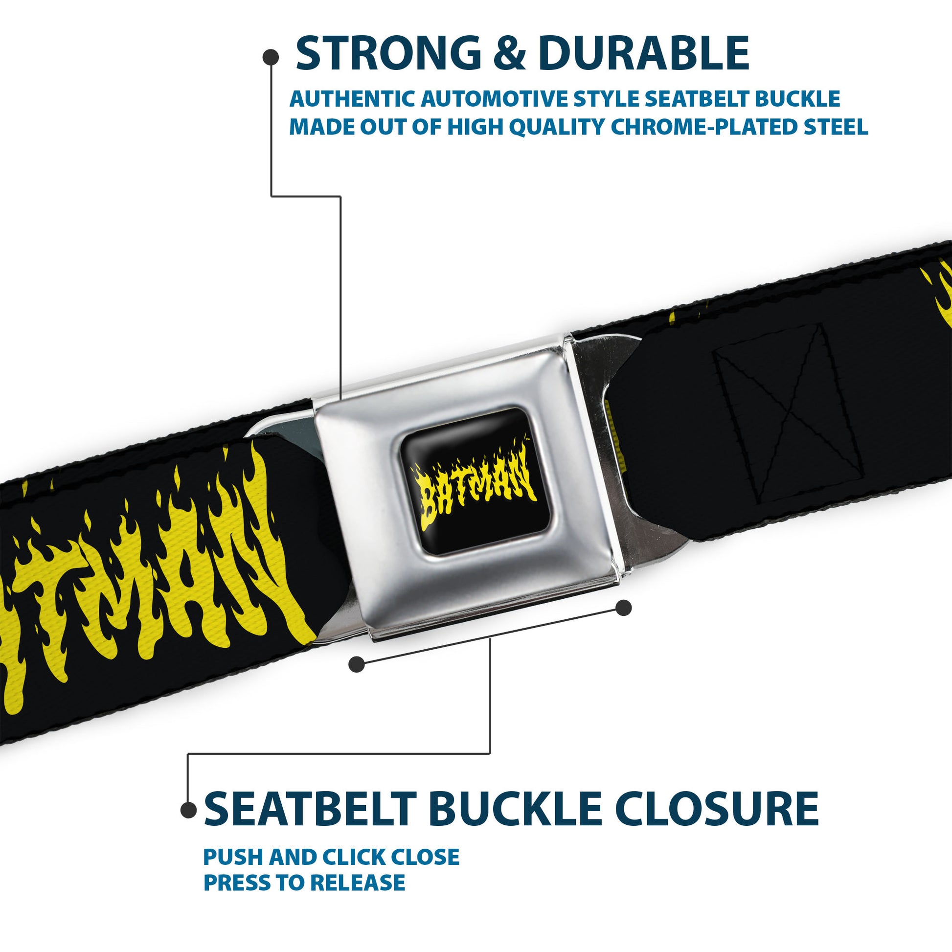 BATMAN Flame Text Full Color Black/Yellow Seatbelt Belt - BATMAN Flame Text Black/Yellow Webbing Seatbelt Belts DC Comics