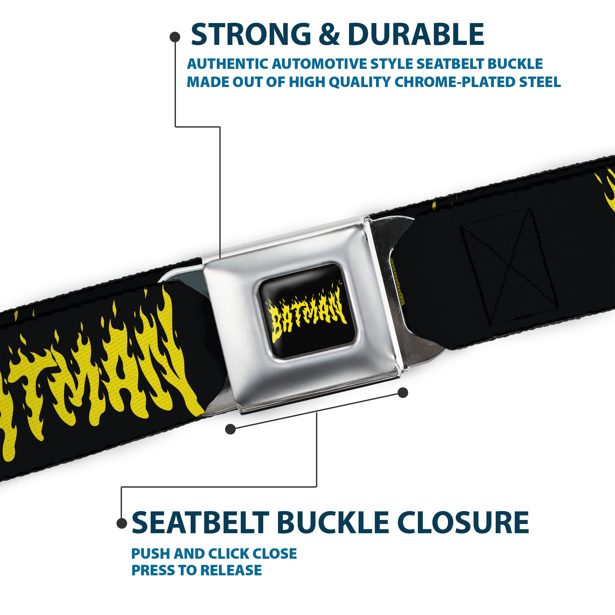 BATMAN Flame Text Full Color Black/Yellow Seatbelt Belt - BATMAN Flame Text Black/Yellow Webbing Seatbelt Belts DC Comics