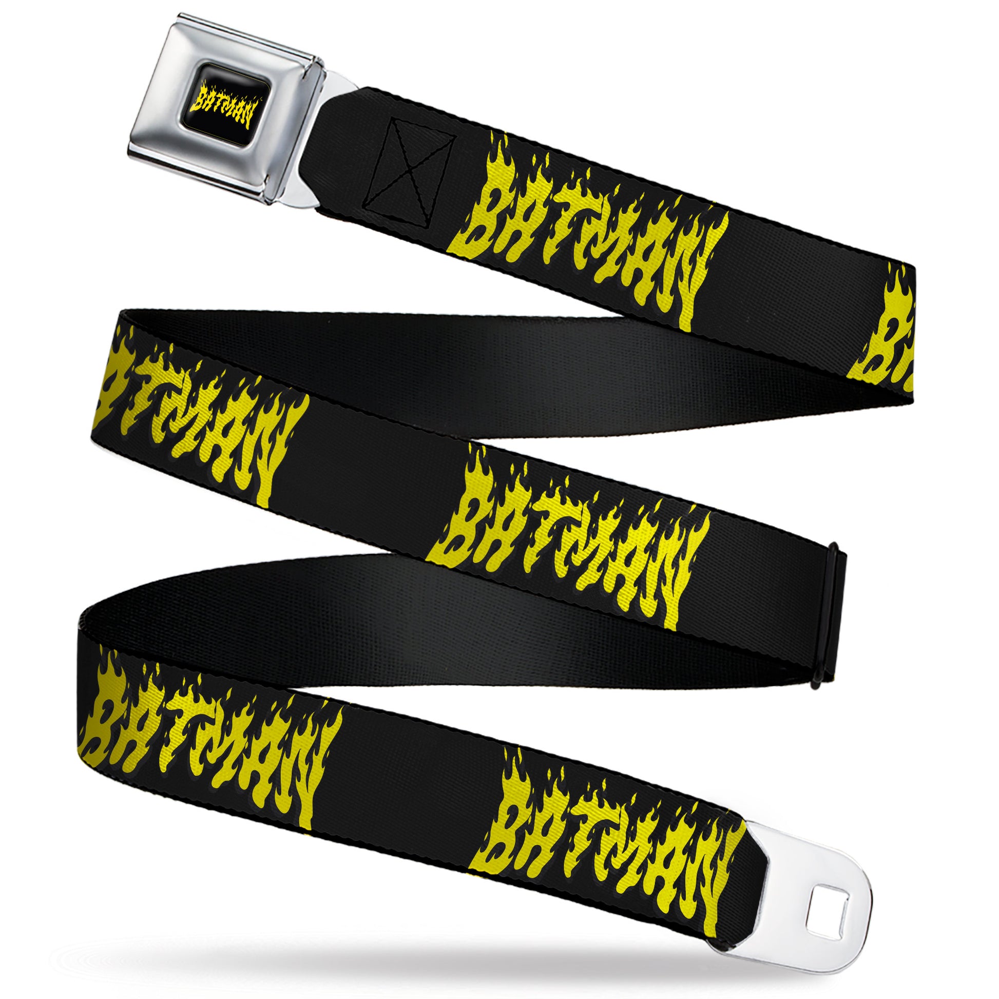 BATMAN Flame Text Full Color Black/Yellow Seatbelt Belt - BATMAN Flame Text Black/Yellow Webbing Seatbelt Belts DC Comics
