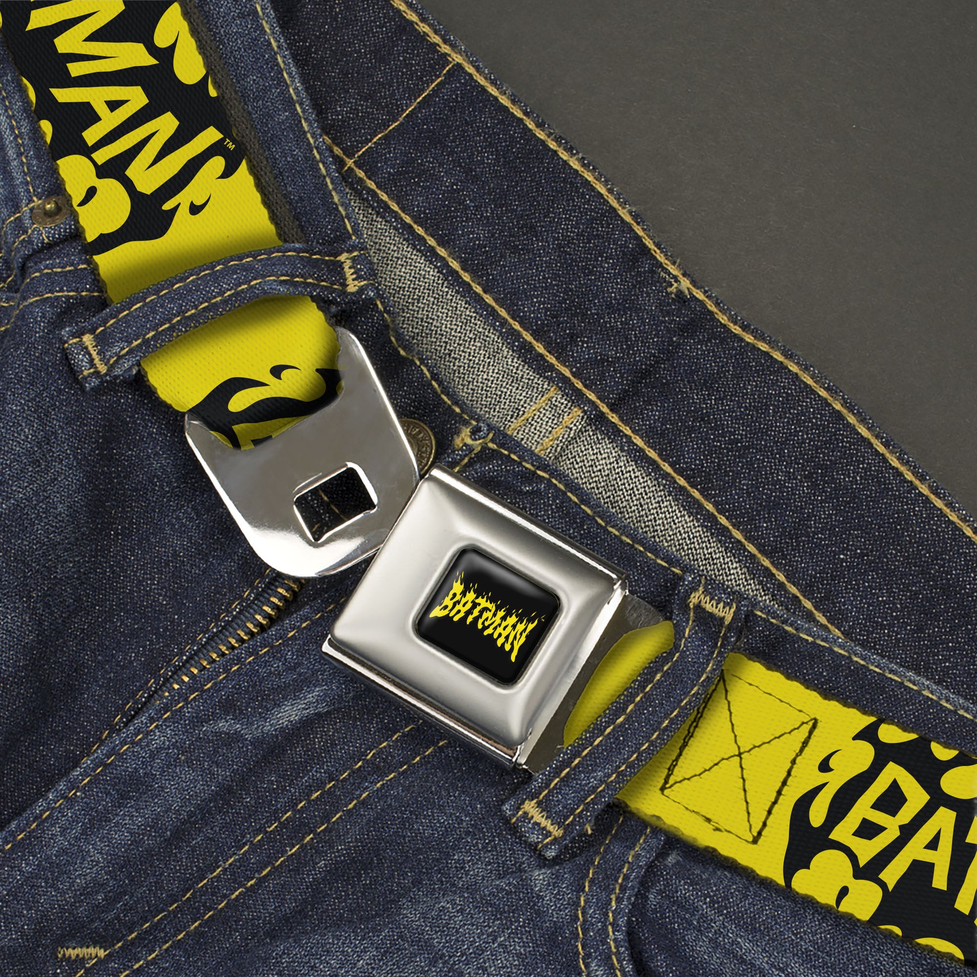 BATMAN Flame Text Full Color Black/Yellow Seatbelt Belt - BATMAN Bat Signal Text Yellow/Black Webbing Seatbelt Belts DC Comics