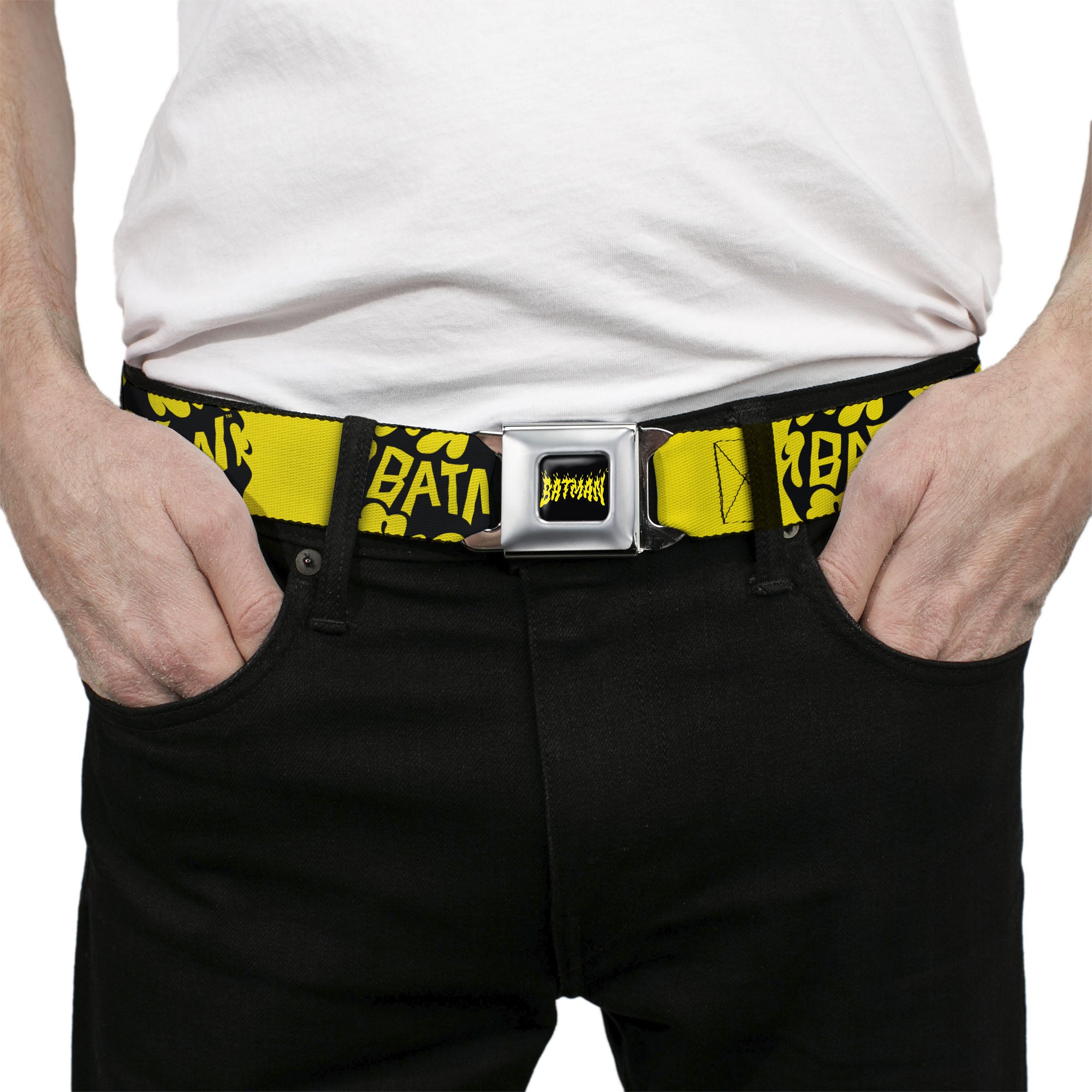 BATMAN Flame Text Full Color Black/Yellow Seatbelt Belt - BATMAN Bat Signal Text Yellow/Black Webbing Seatbelt Belts DC Comics