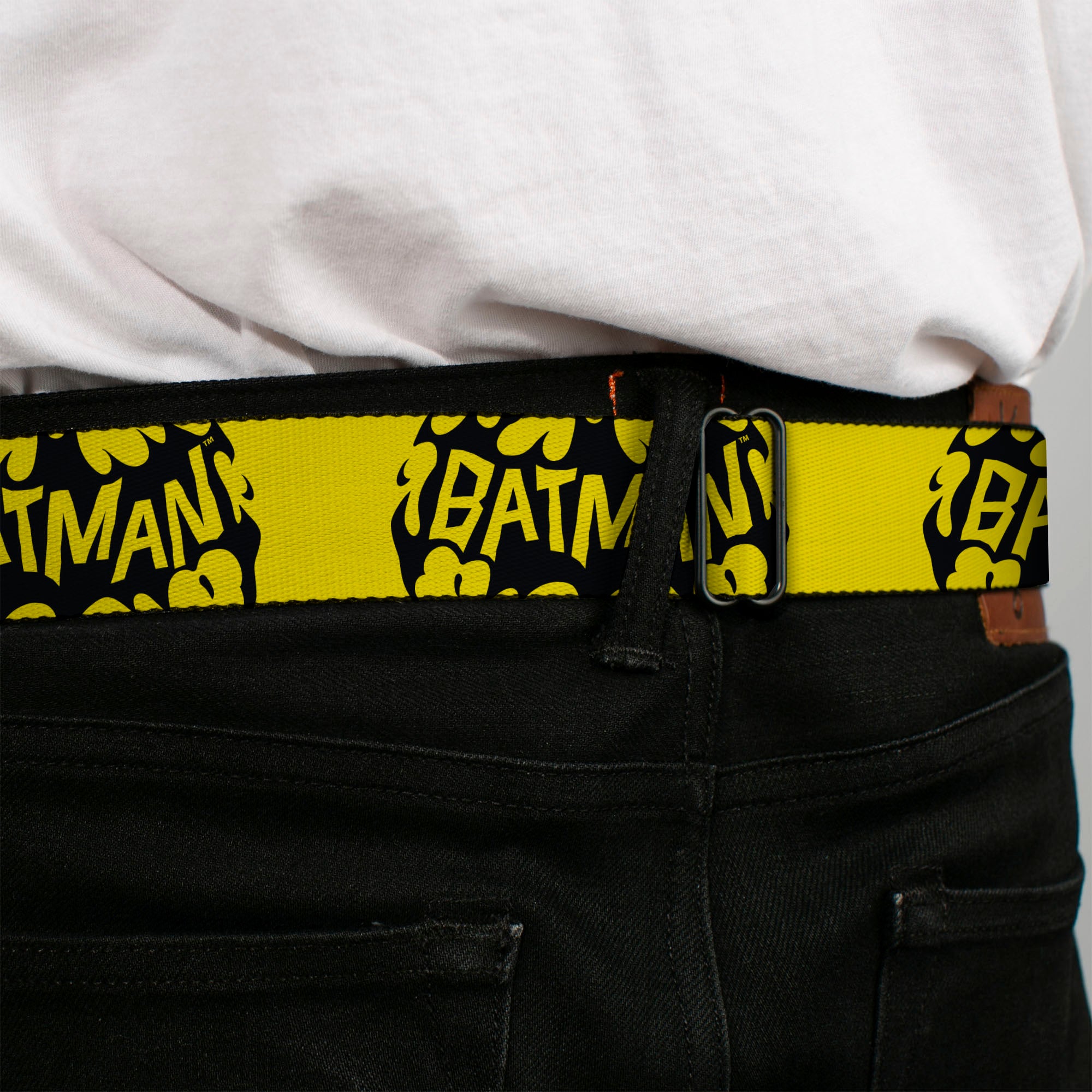 BATMAN Flame Text Full Color Black/Yellow Seatbelt Belt - BATMAN Bat Signal Text Yellow/Black Webbing Seatbelt Belts DC Comics