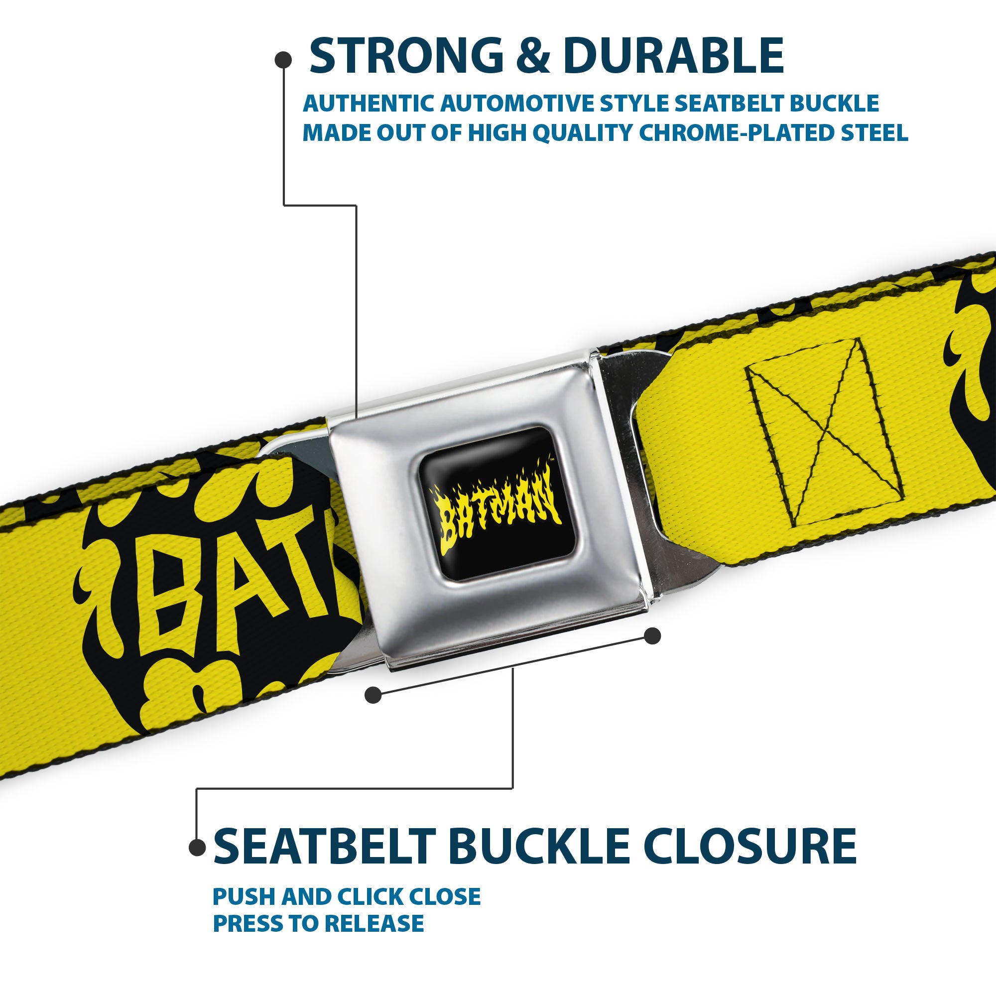 BATMAN Flame Text Full Color Black/Yellow Seatbelt Belt - BATMAN Bat Signal Text Yellow/Black Webbing Seatbelt Belts DC Comics