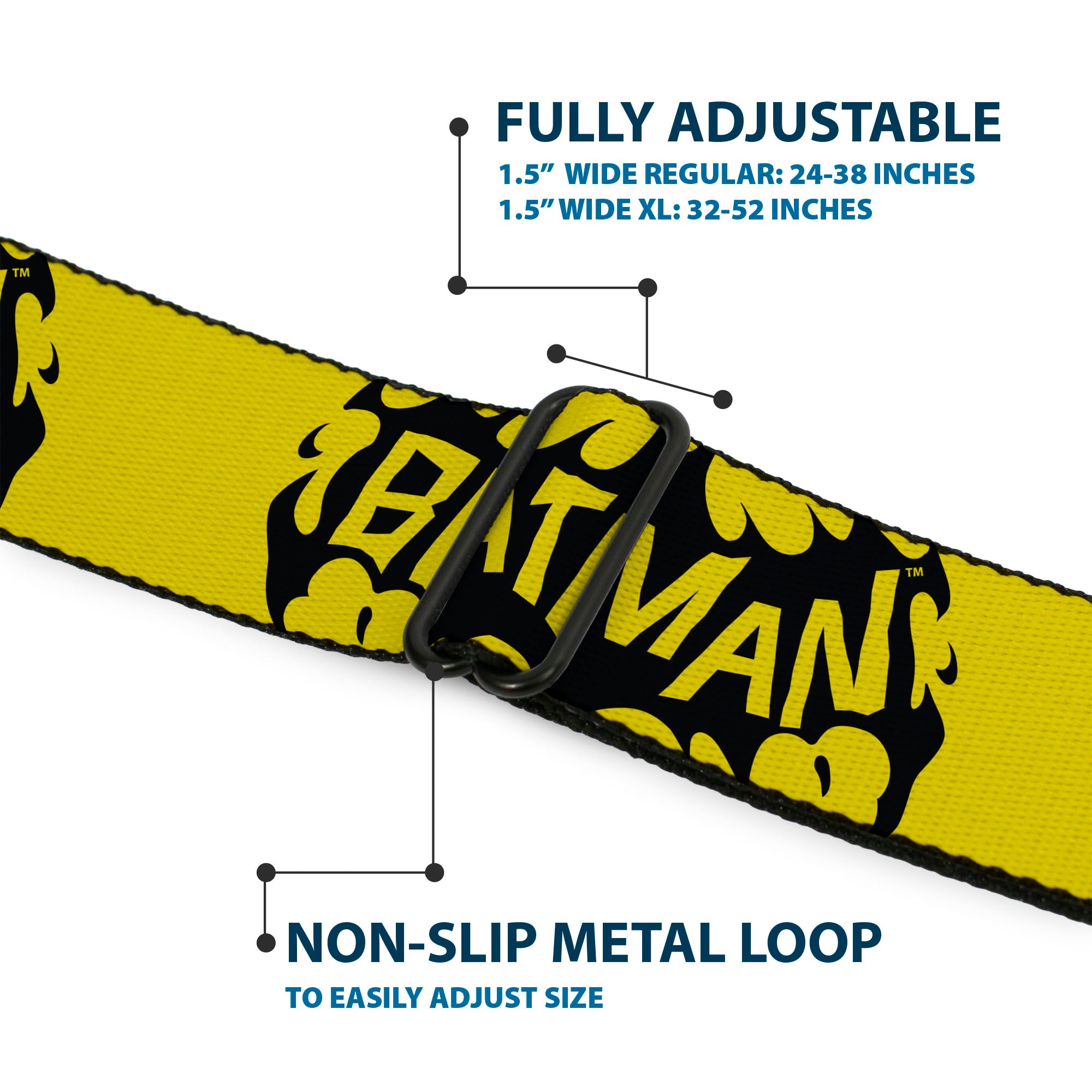BATMAN Flame Text Full Color Black/Yellow Seatbelt Belt - BATMAN Bat Signal Text Yellow/Black Webbing Seatbelt Belts DC Comics