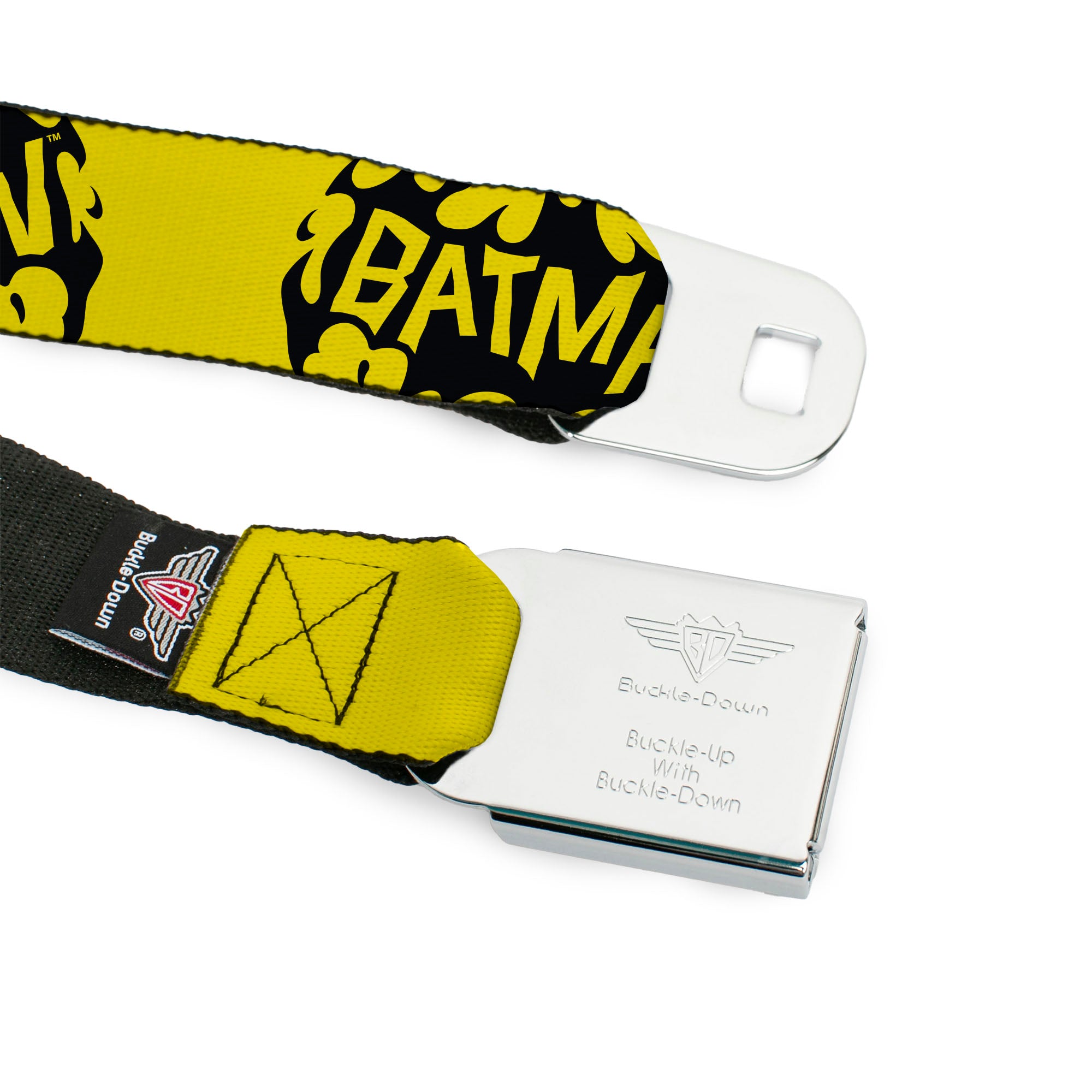 BATMAN Flame Text Full Color Black/Yellow Seatbelt Belt - BATMAN Bat Signal Text Yellow/Black Webbing Seatbelt Belts DC Comics