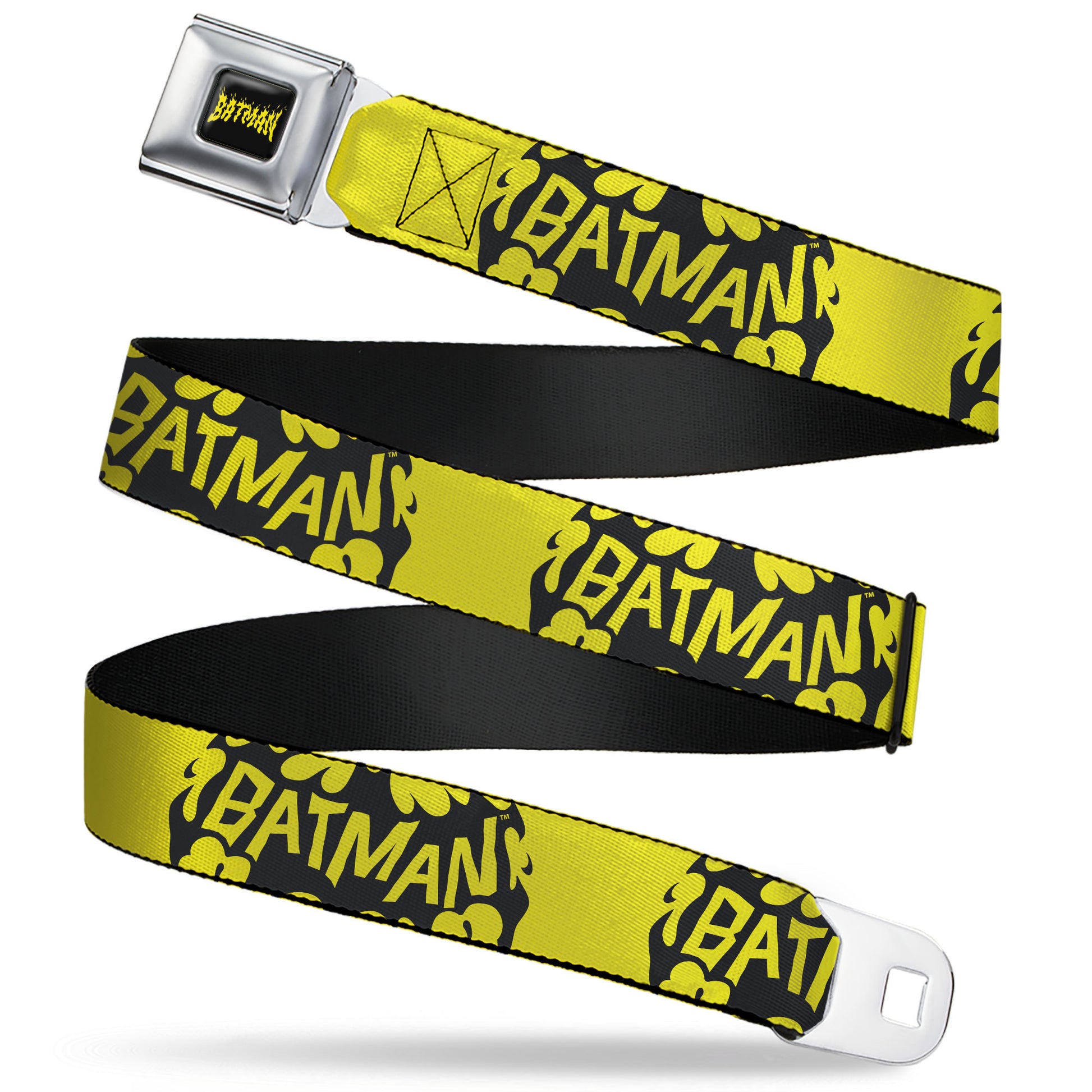 BATMAN Flame Text Full Color Black/Yellow Seatbelt Belt - BATMAN Bat Signal Text Yellow/Black Webbing Seatbelt Belts DC Comics