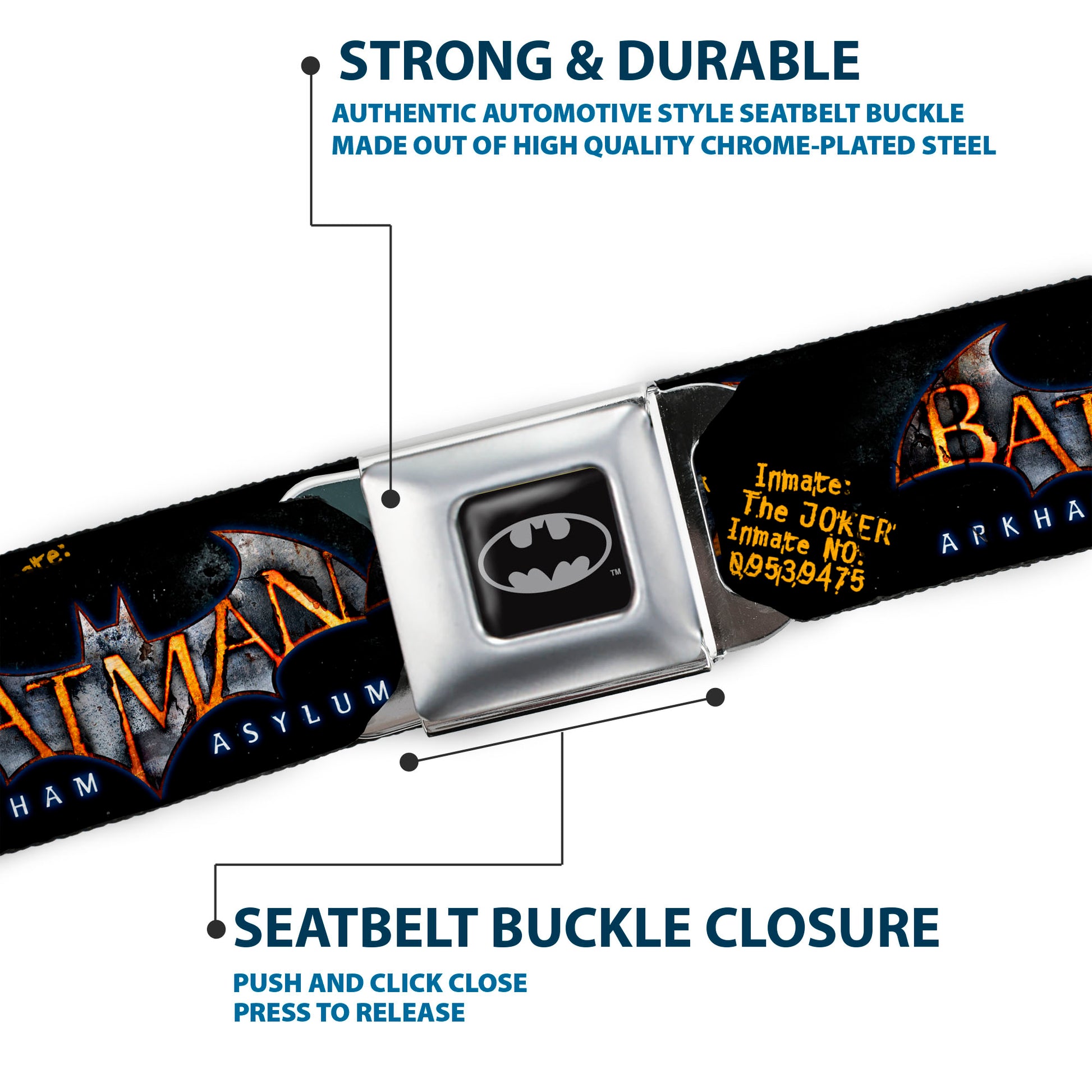 Batman Full Color Black Silver Black Seatbelt Belt - BATMAN ARKHAM ASYLUM Patients Joker/Poison Ivy/Harley Quinn Webbing Seatbelt Belts DC Comics