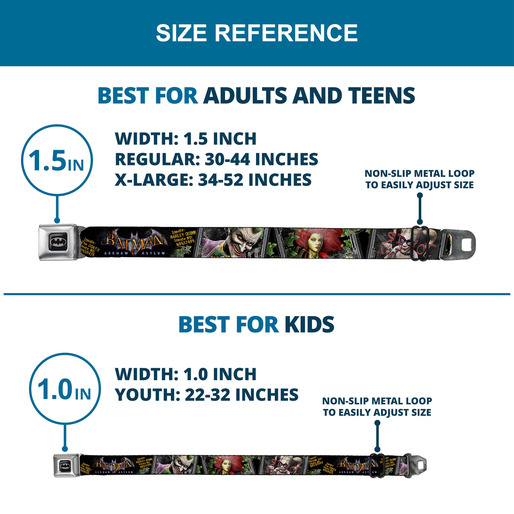 Batman Full Color Black Silver Black Seatbelt Belt - BATMAN ARKHAM ASYLUM Patients Joker/Poison Ivy/Harley Quinn Webbing Seatbelt Belts DC Comics