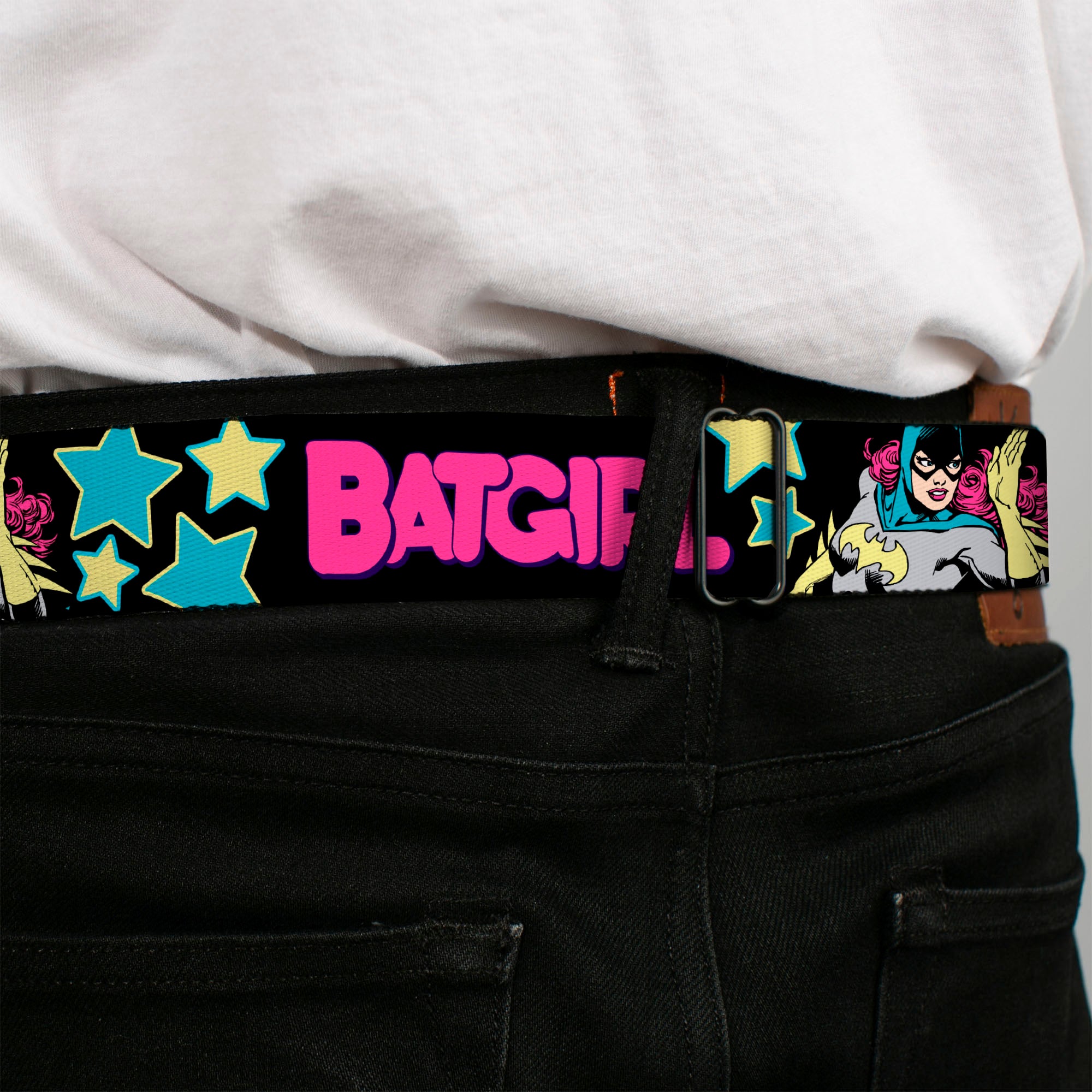 Batman Full Color Black Silver Black Seatbelt Belt - BATGIRL Running w/Stars Black/Pink/Yellow/Blue Webbing Seatbelt Belts DC Comics